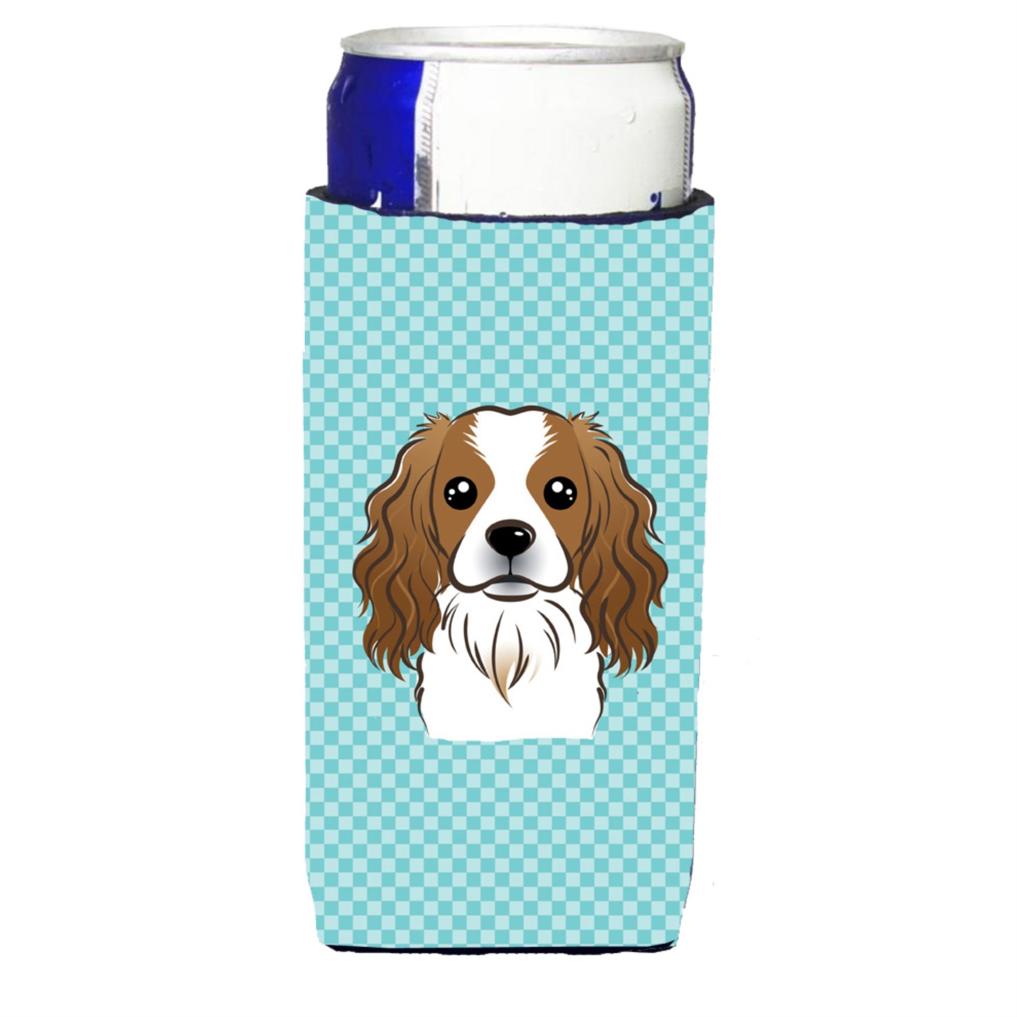 Checkerboard Blue Cavalier Spaniel Ultra Hugger For Slim Cans
