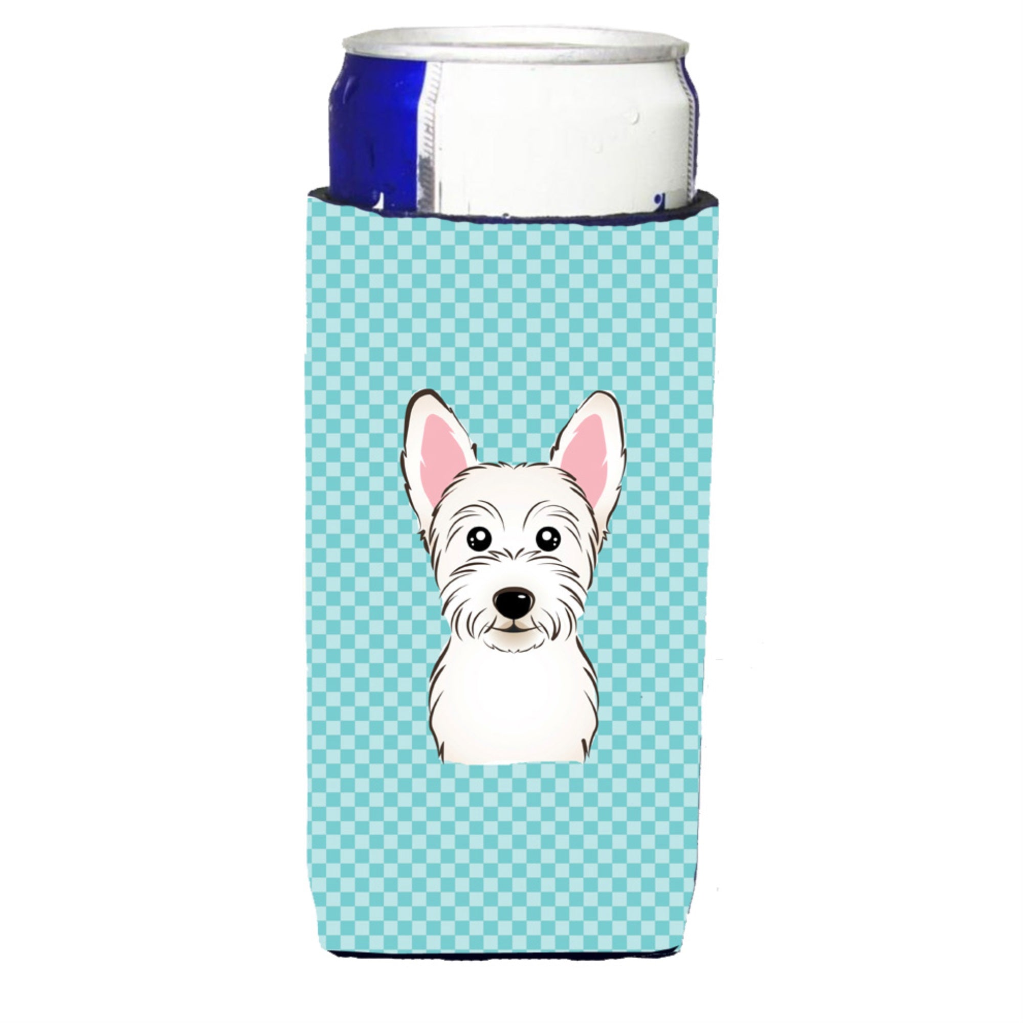 Checkerboard Blue Westie Ultra Hugger For Slim Cans