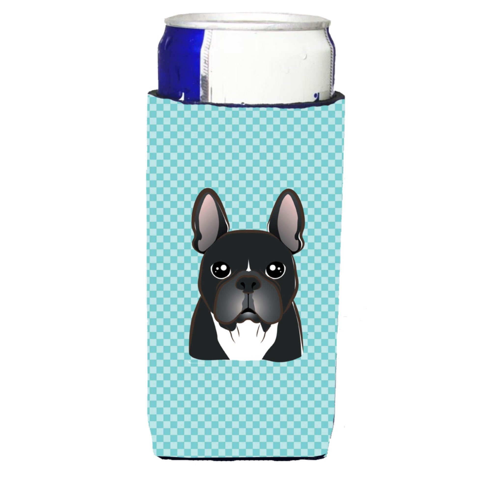 Checkerboard Blue French Bulldog Ultra Hugger For Slim Cans