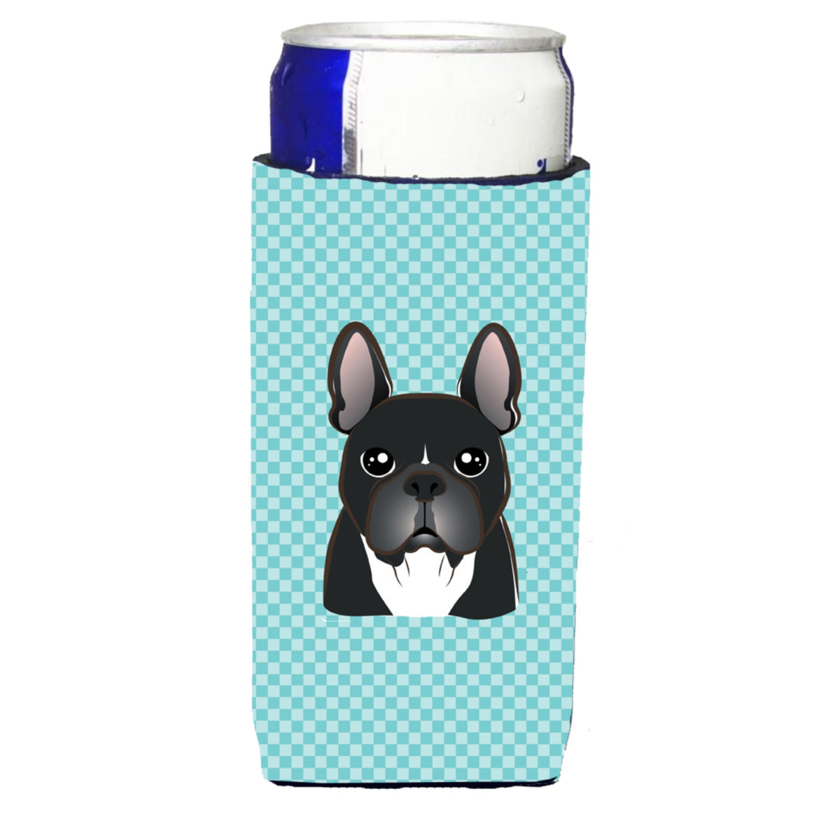 Checkerboard Blue French Bulldog Ultra Hugger For Slim Cans