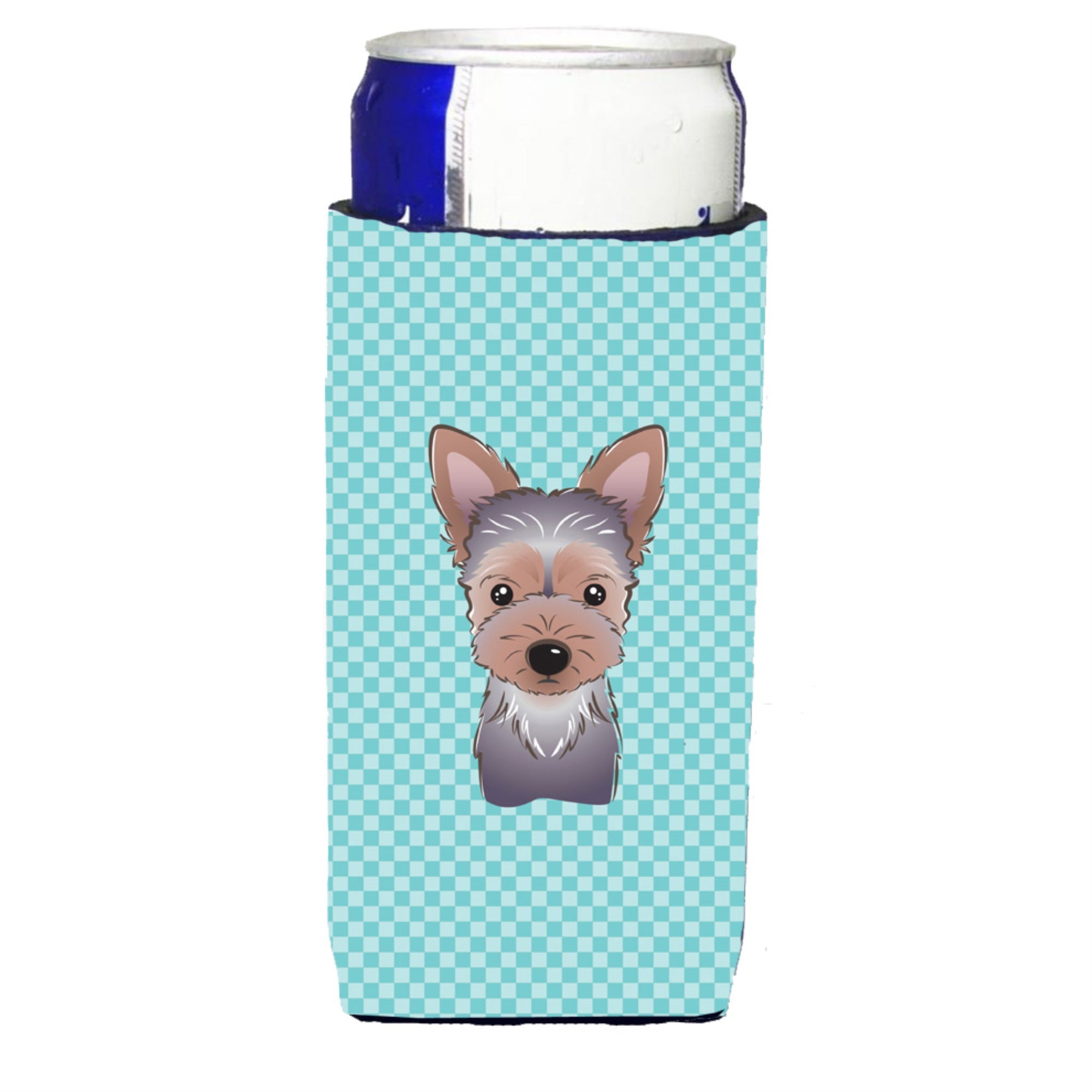 Checkerboard Blue Yorkie Puppy Ultra Hugger For Slim Cans