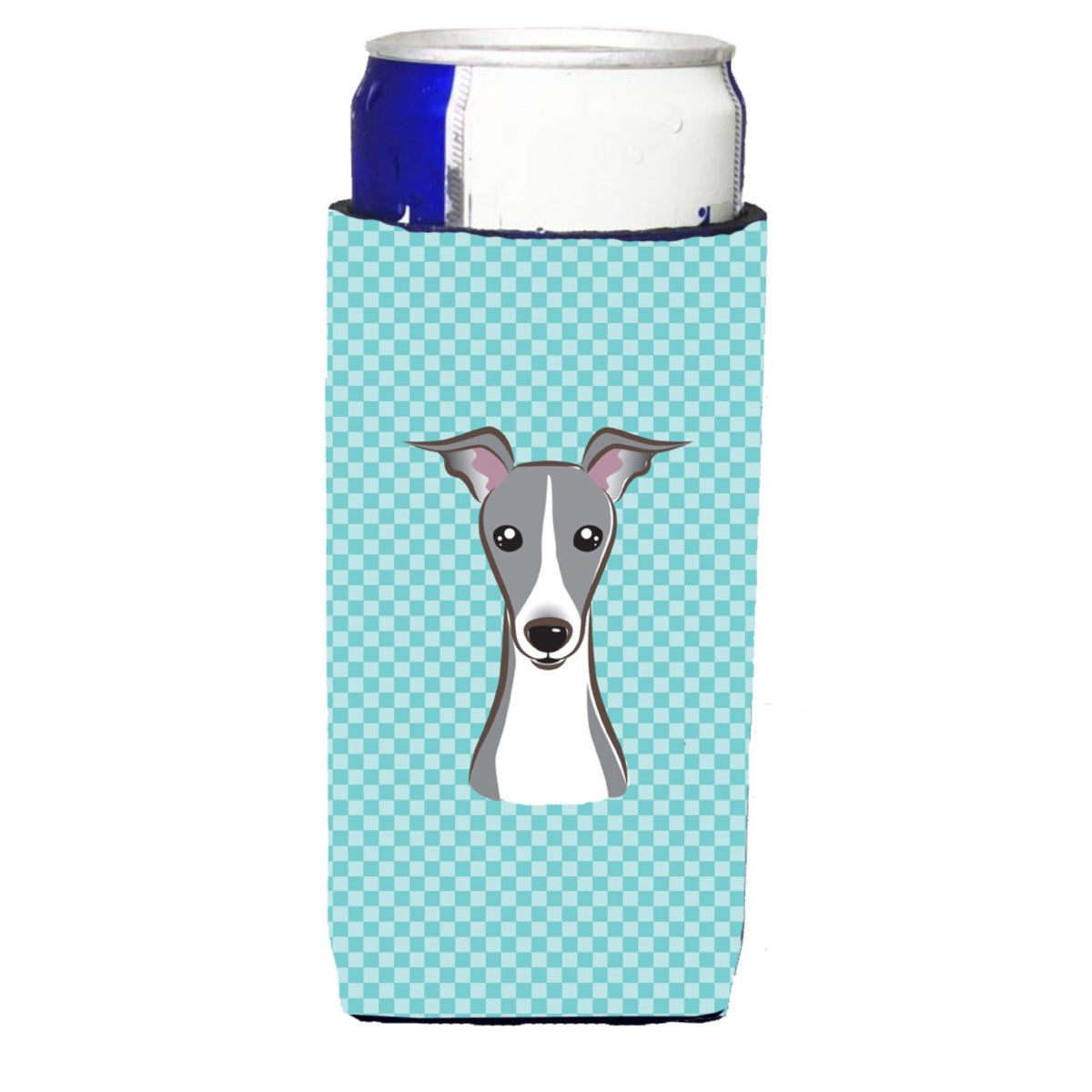 Checkerboard Blue Italian Greyhound Ultra Hugger For Slim Cans