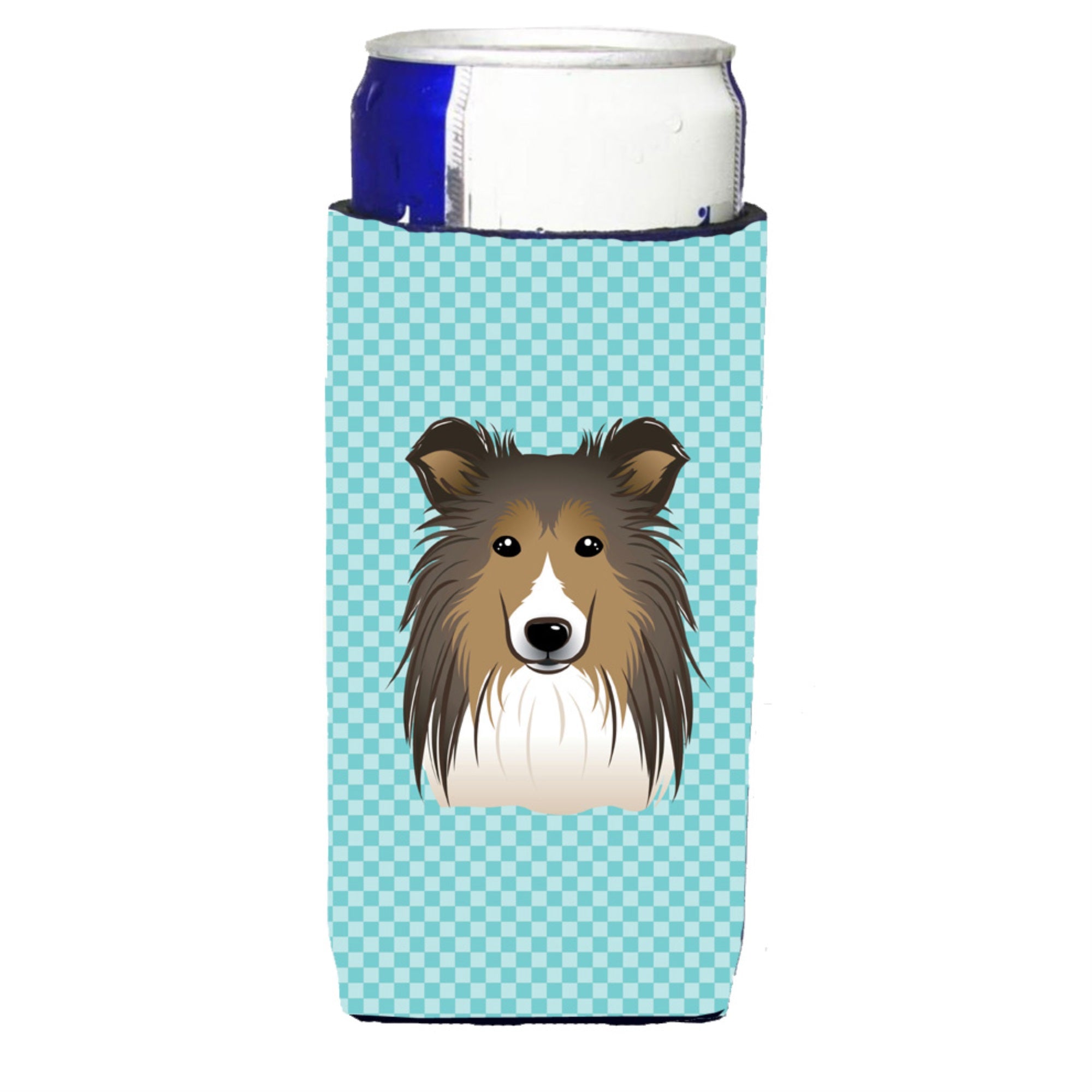 Checkerboard Blue Sheltie Ultra Hugger For Slim Cans