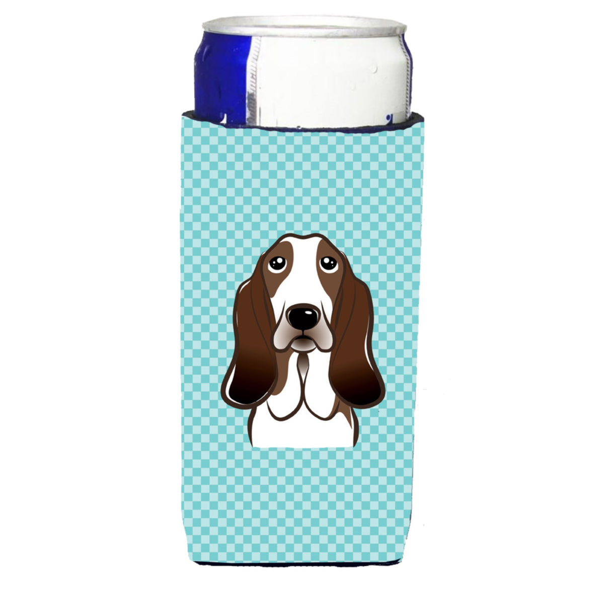 Checkerboard Blue Basset Hound Ultra Hugger For Slim Cans