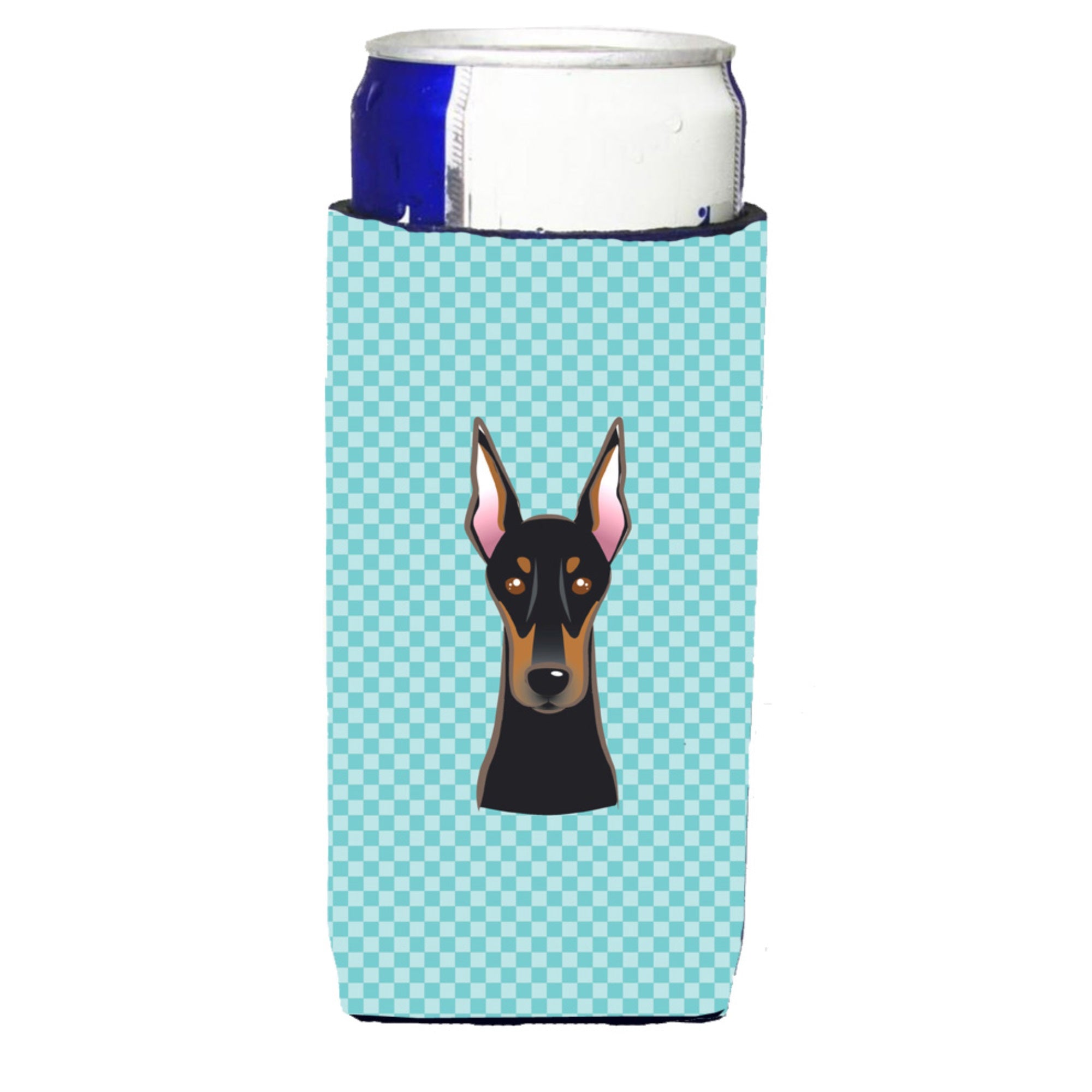 Checkerboard Blue Doberman Ultra Hugger For Slim Cans