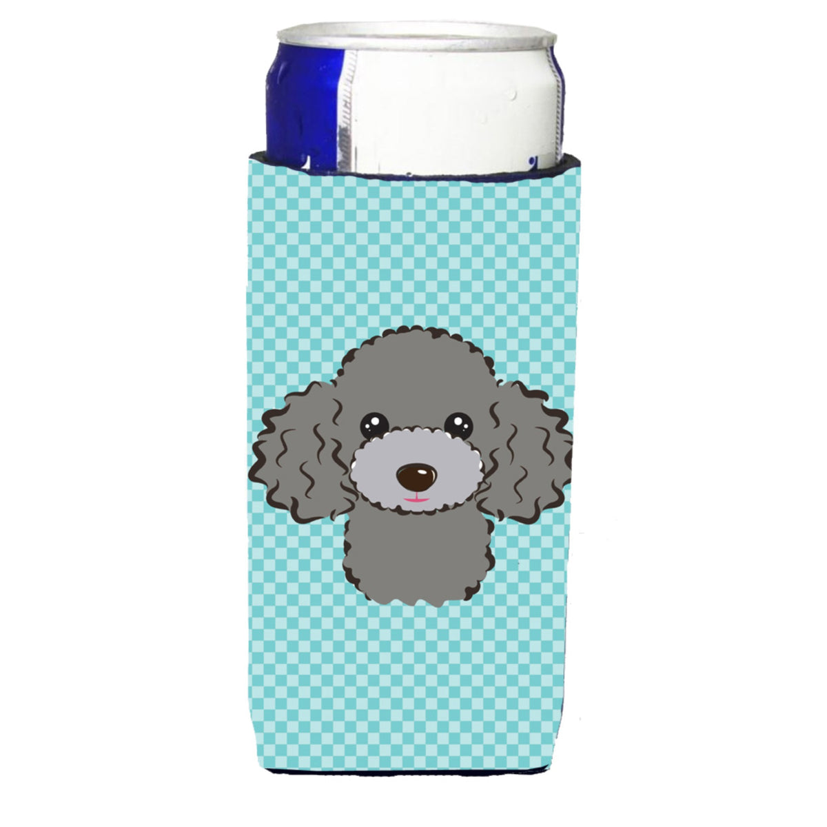 Checkerboard Blue Silver Gray Poodle Ultra Hugger For Slim Cans
