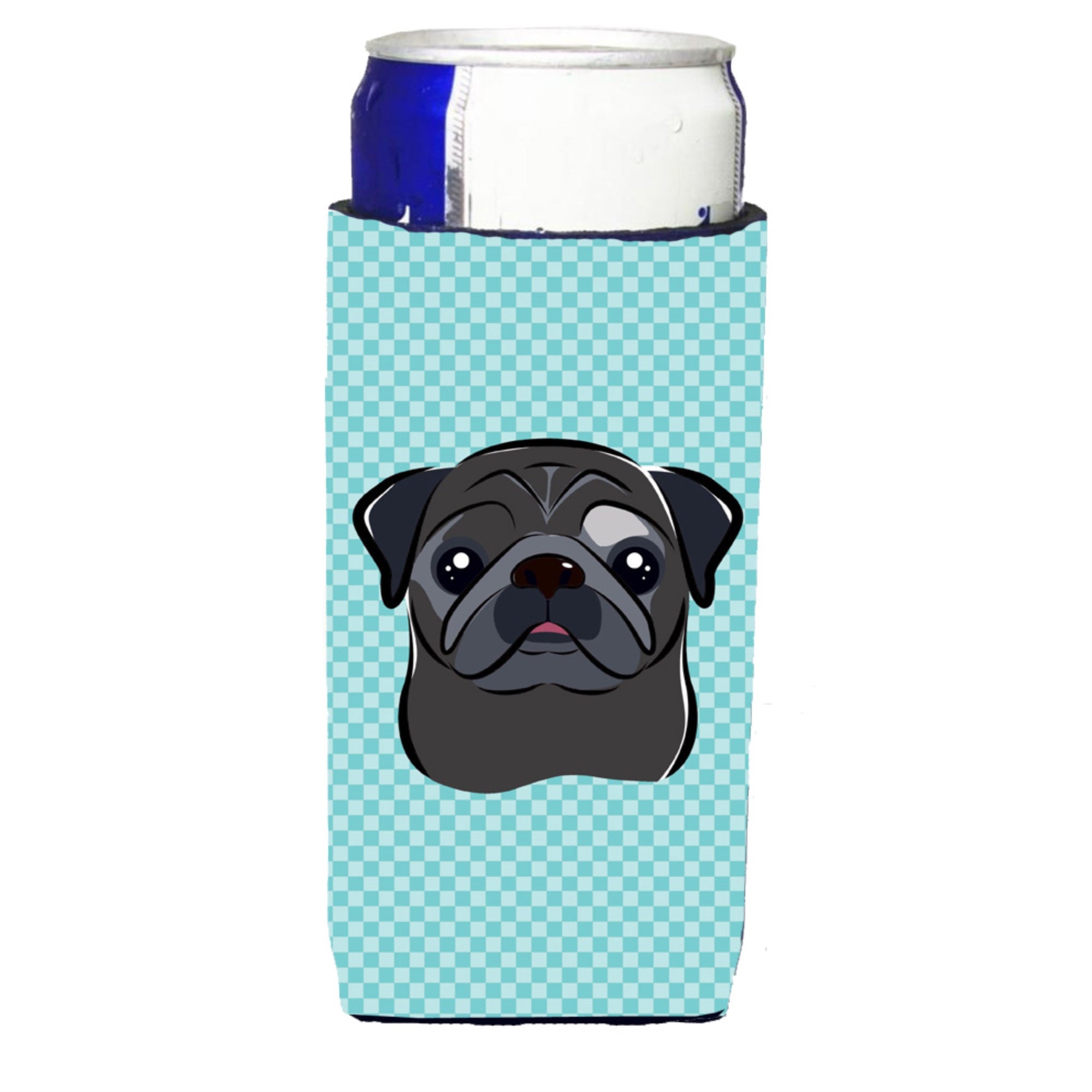 Checkerboard Blue Black Pug Ultra Hugger For Slim Cans