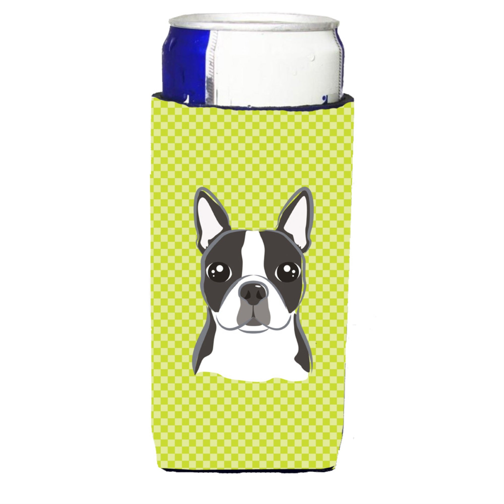 Checkerboard Lime Green Boston Terrier Ultra Hugger For Slim Cans