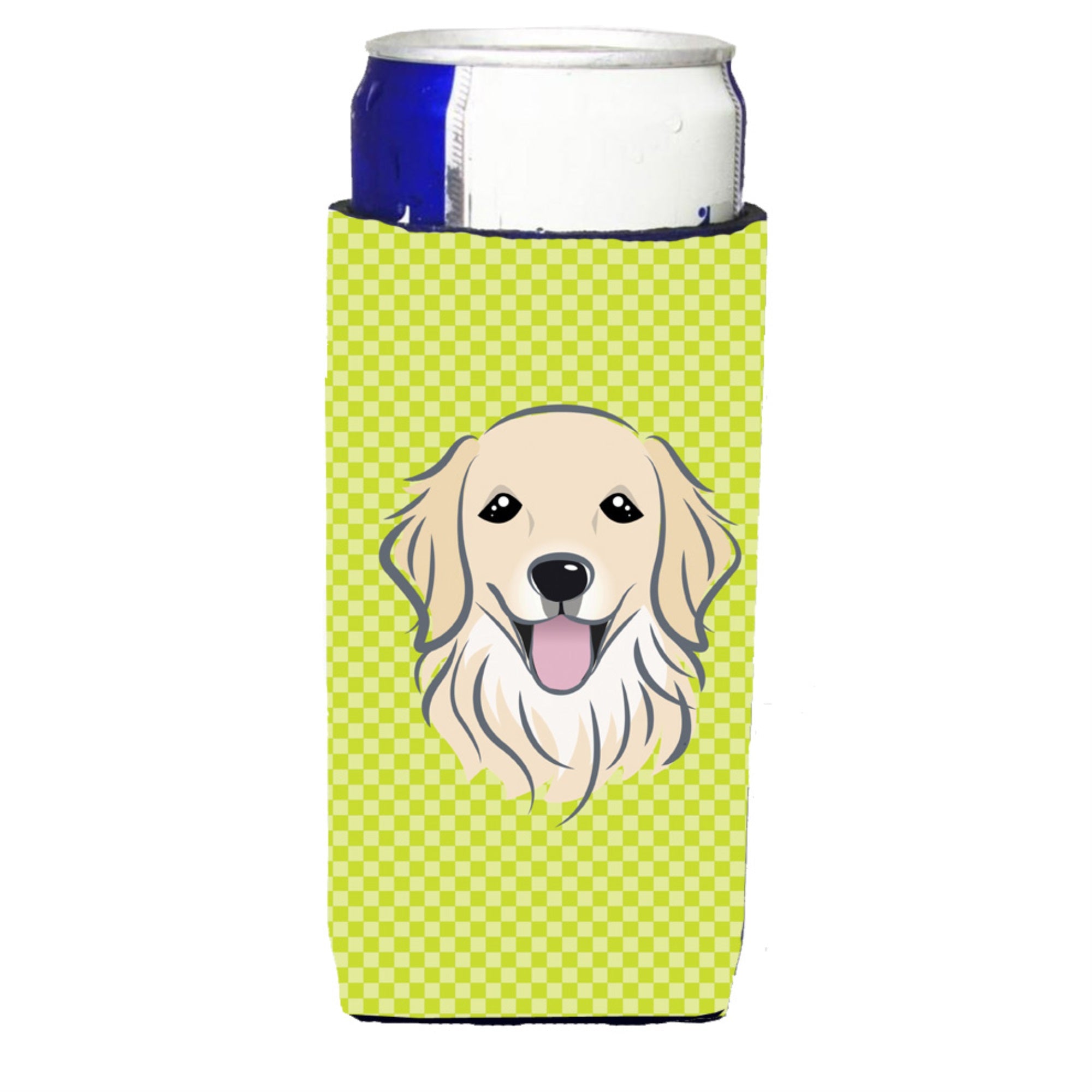 Checkerboard Lime Green Golden Retriever Ultra Hugger For Slim Cans