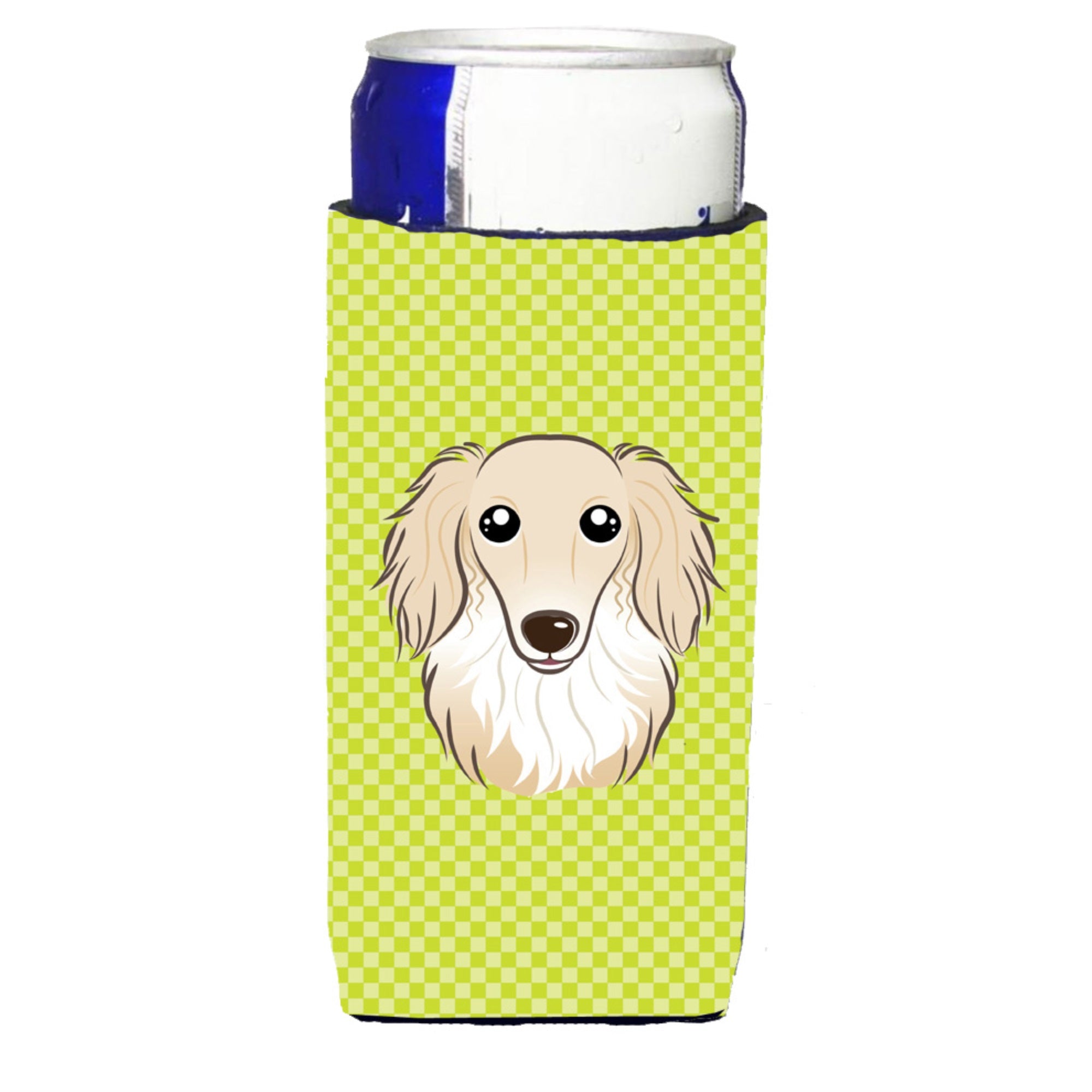 Checkerboard Lime Green Longhair Creme Dachshund Ultra Hugger For Slim Cans