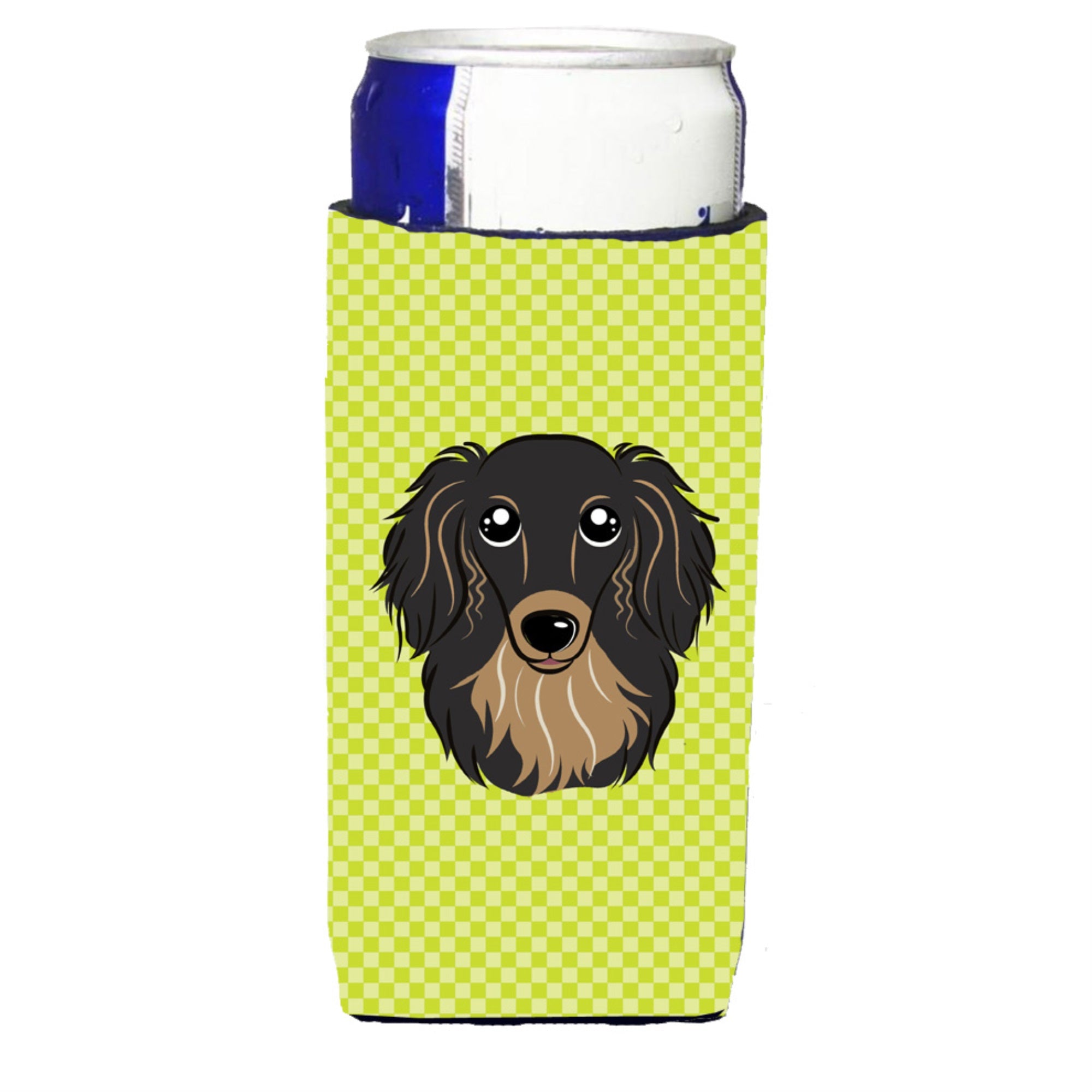 Checkerboard Lime Green Longhair Black And Tan Dachshund Ultra Hugger For Slim Cans