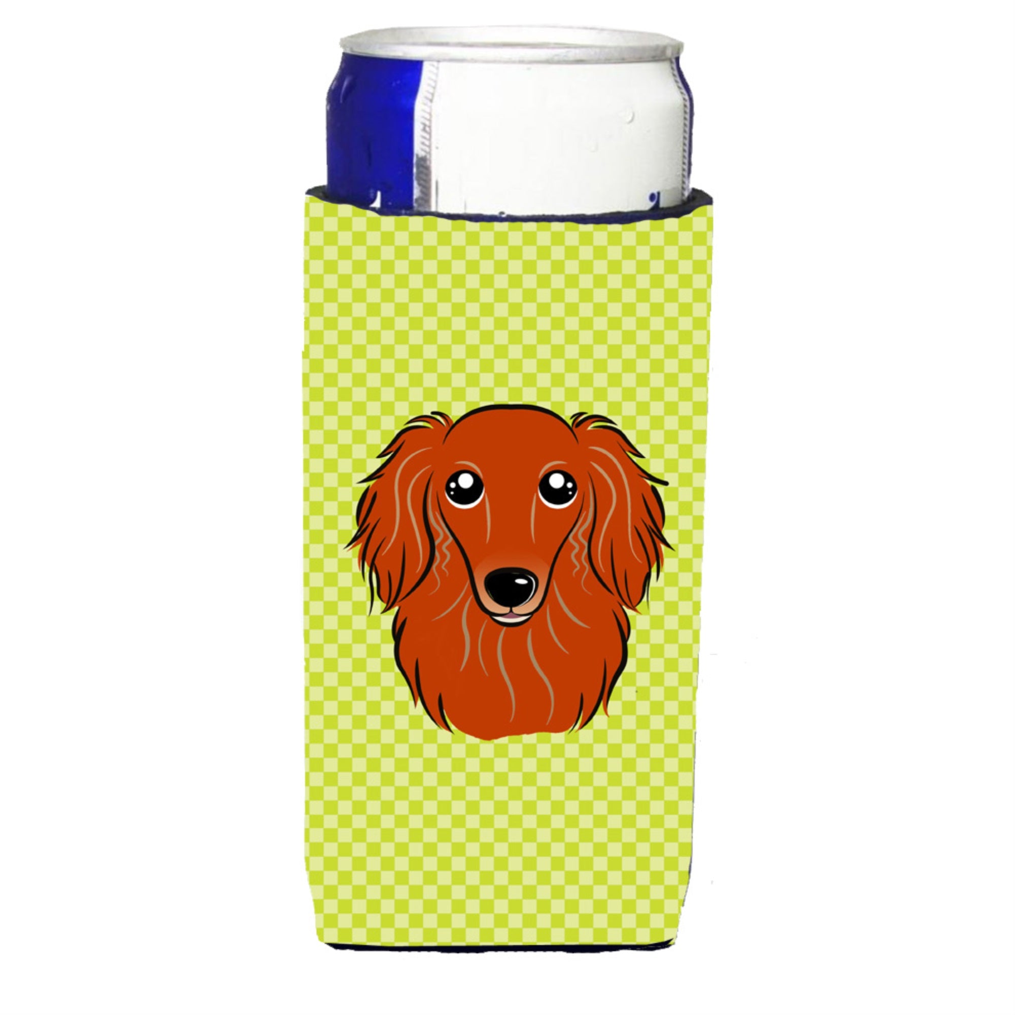 Checkerboard Lime Green Longhair Red Dachshund Ultra Hugger For Slim Cans