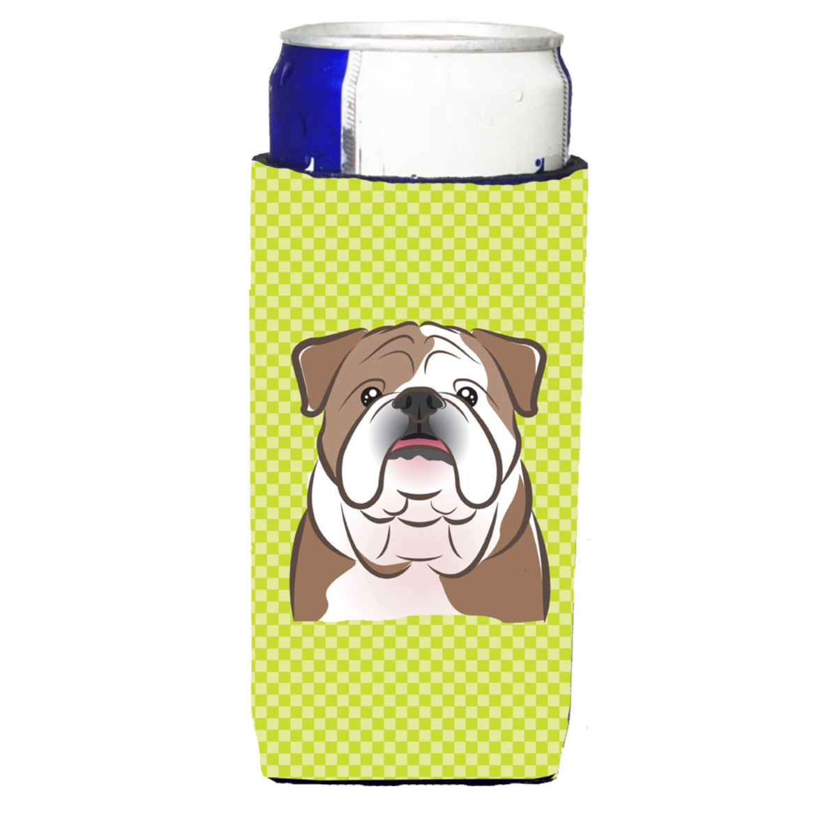 Checkerboard Lime Green English Bulldog  Ultra Hugger For Slim Cans