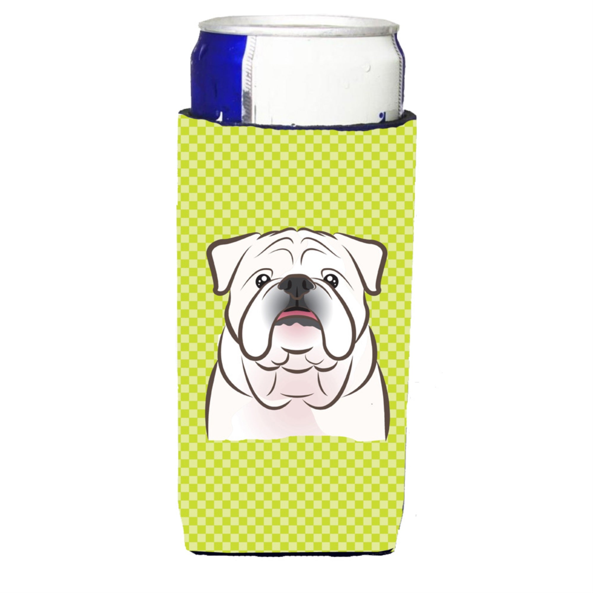 Checkerboard Lime Green White English Bulldog  Ultra Hugger For Slim Cans