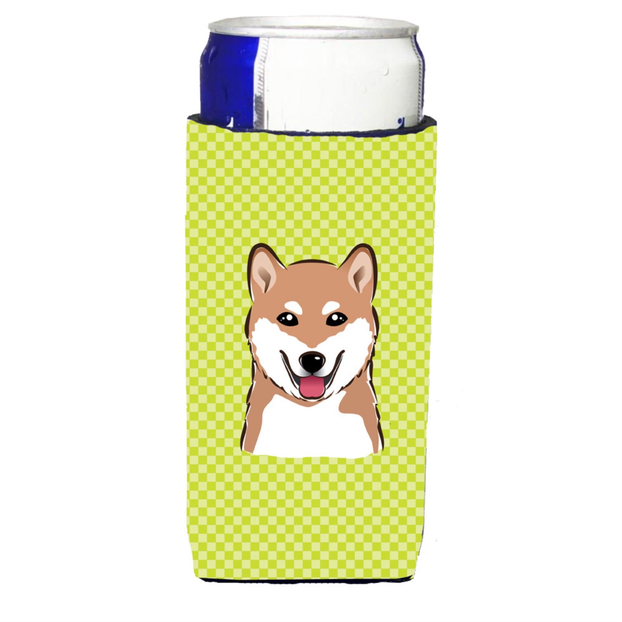 Checkerboard Lime Green Shiba Inu Ultra Hugger For Slim Cans