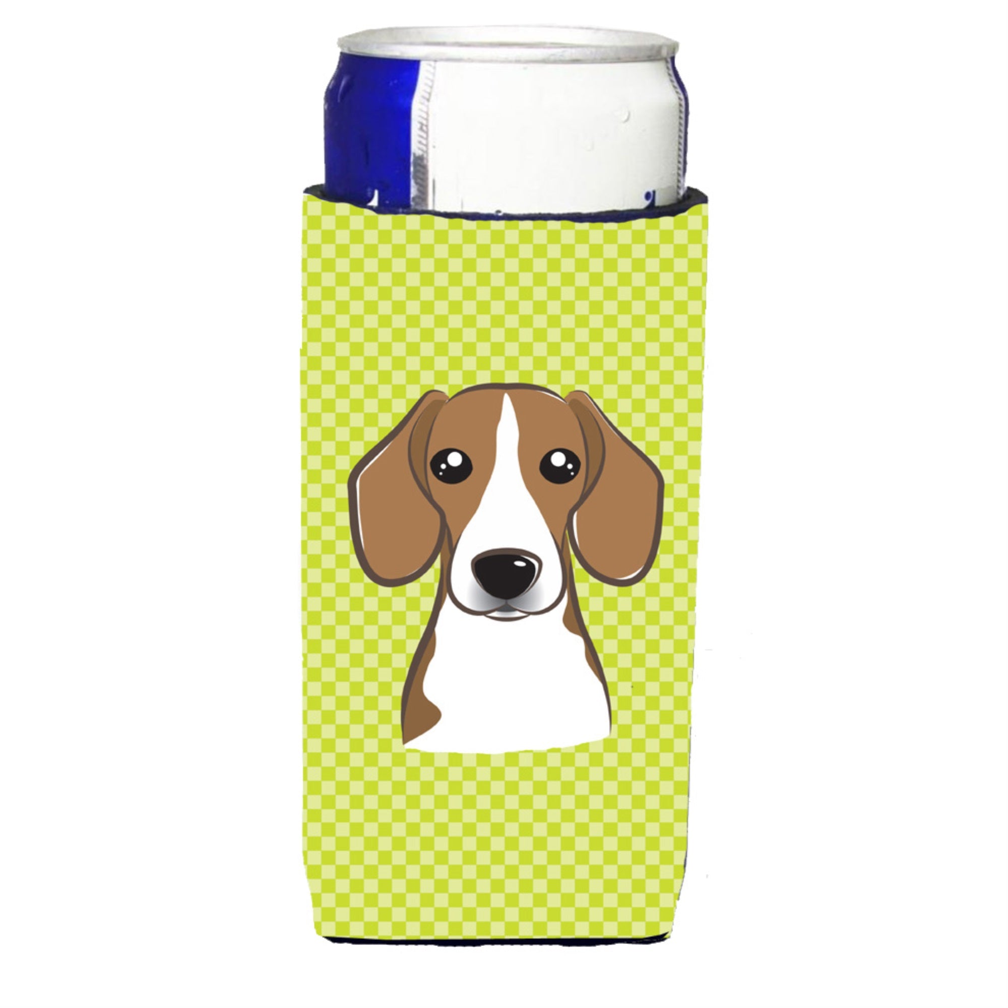 Checkerboard Lime Green Beagle Ultra Hugger For Slim Cans