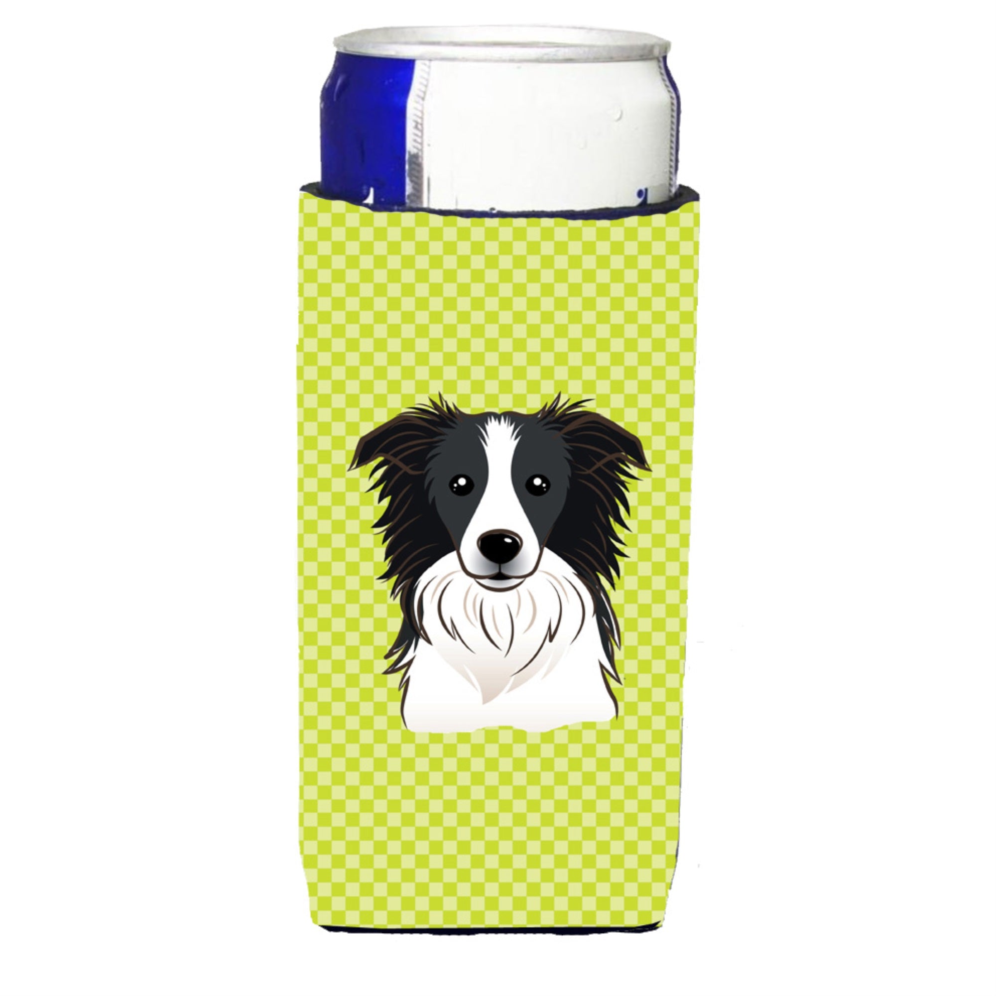 Checkerboard Lime Green Border Collie Ultra Hugger For Slim Cans