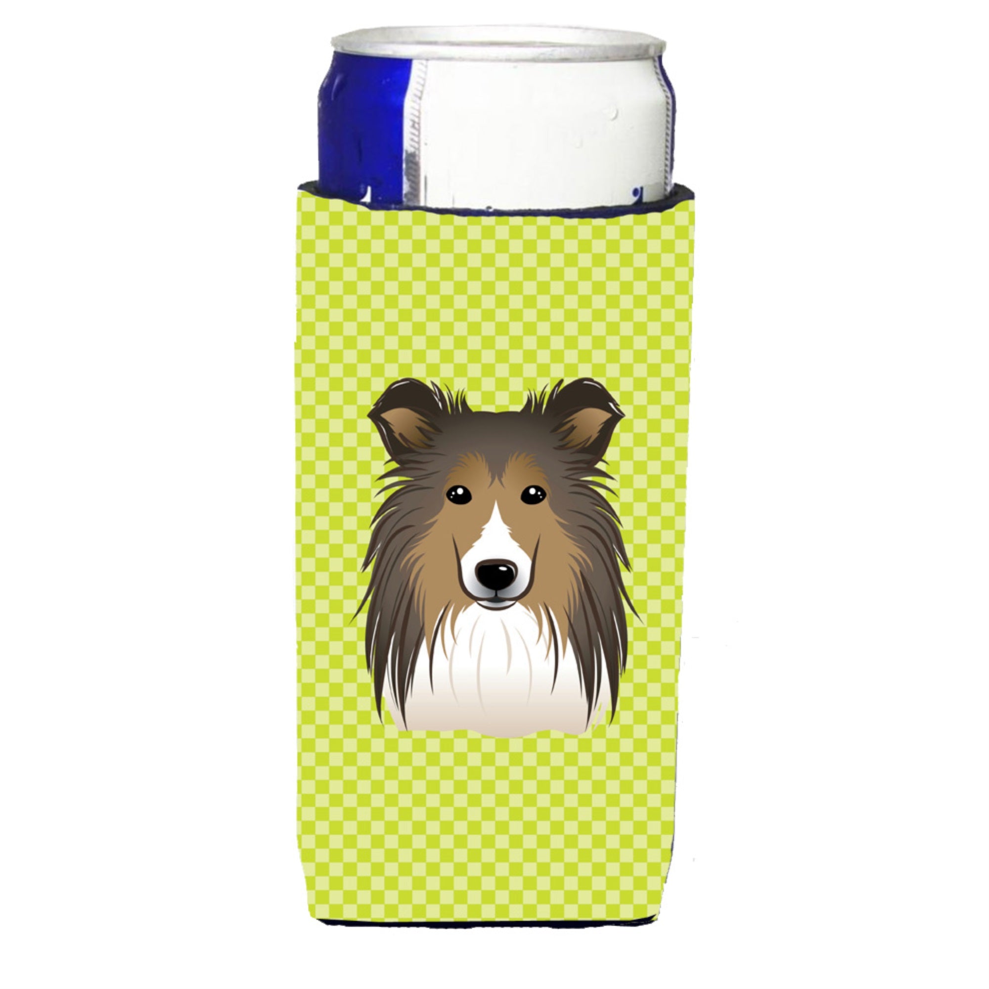 Checkerboard Lime Green Sheltie Ultra Hugger For Slim Cans