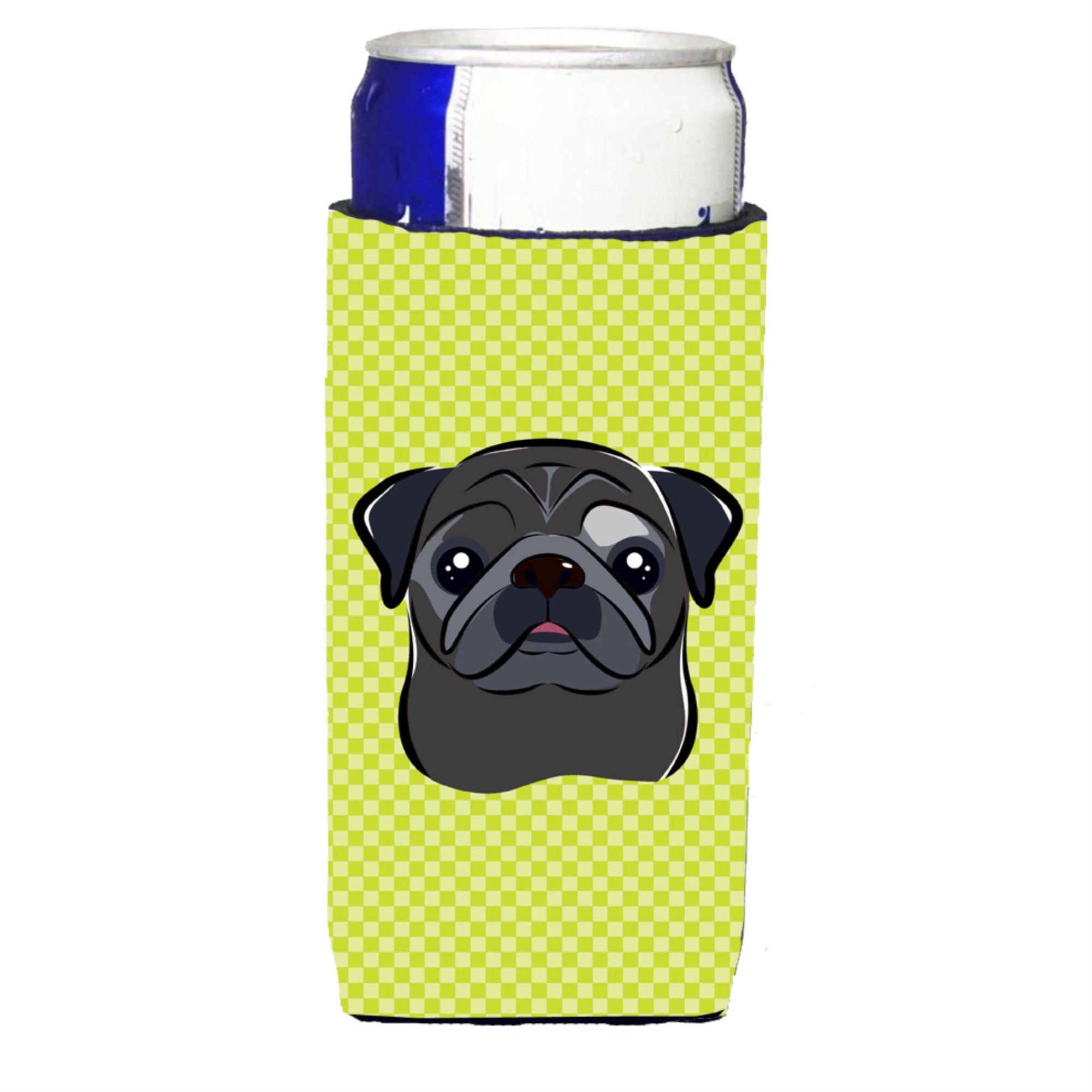 Checkerboard Lime Green Black Pug Ultra Hugger For Slim Cans