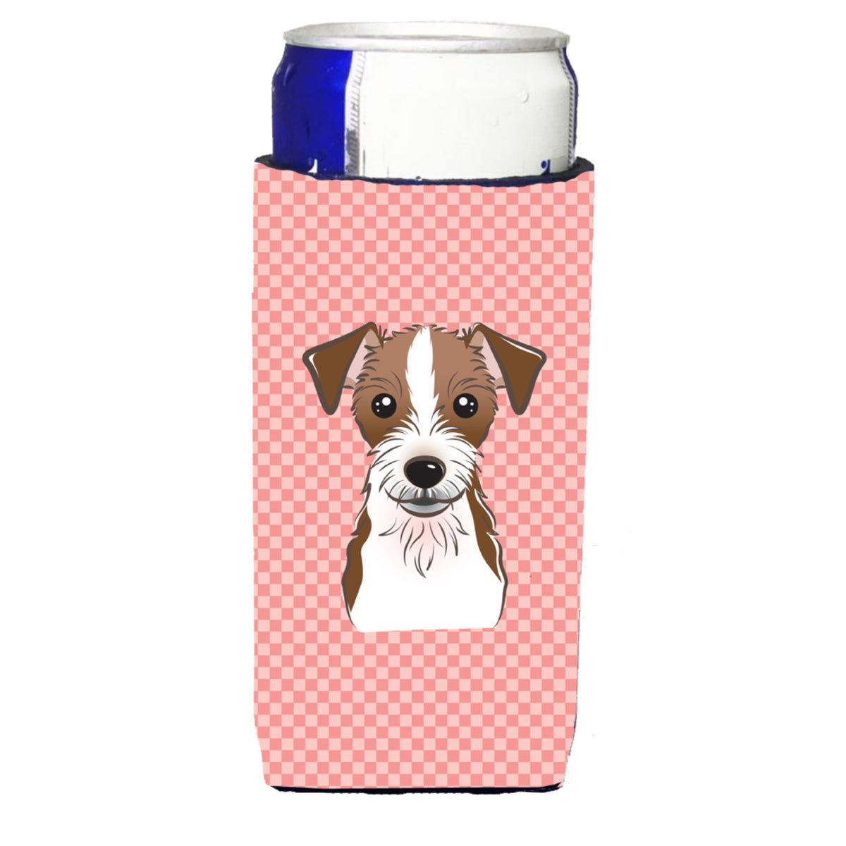 Checkerboard Pink Jack Russell Terrier Ultra Hugger For Slim Cans