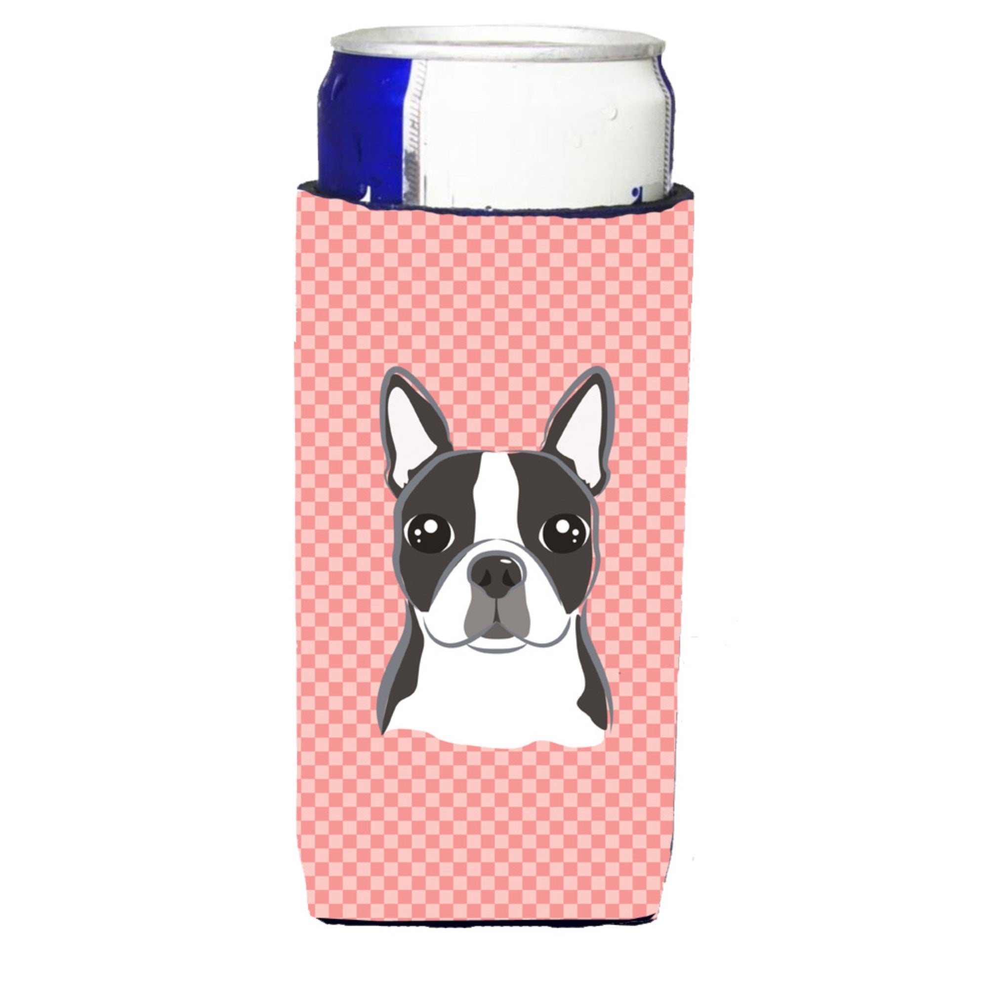 Checkerboard Pink Boston Terrier Ultra Hugger For Slim Cans