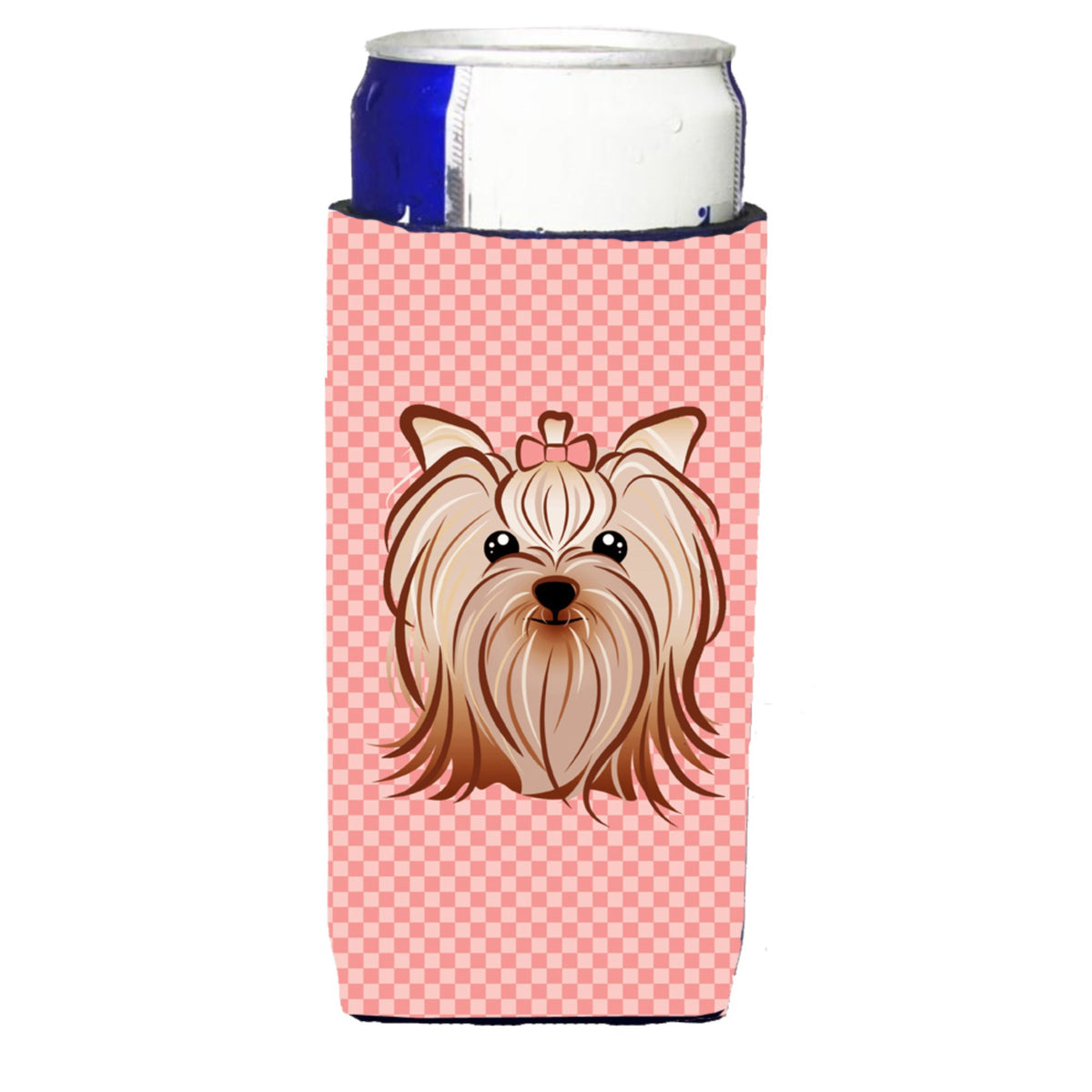Checkerboard Pink Yorkie Yorkishire Terrier Ultra Hugger For Slim Cans