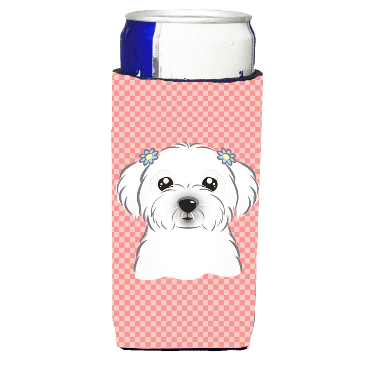 Checkerboard Pink Maltese Ultra Hugger For Slim Cans