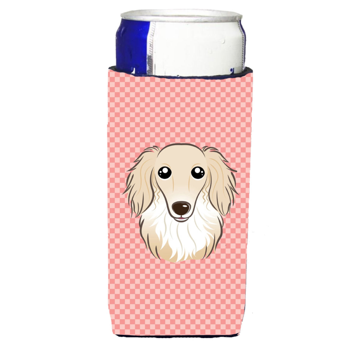 Checkerboard Pink Longhair Creme Dachshund Ultra Hugger For Slim Cans