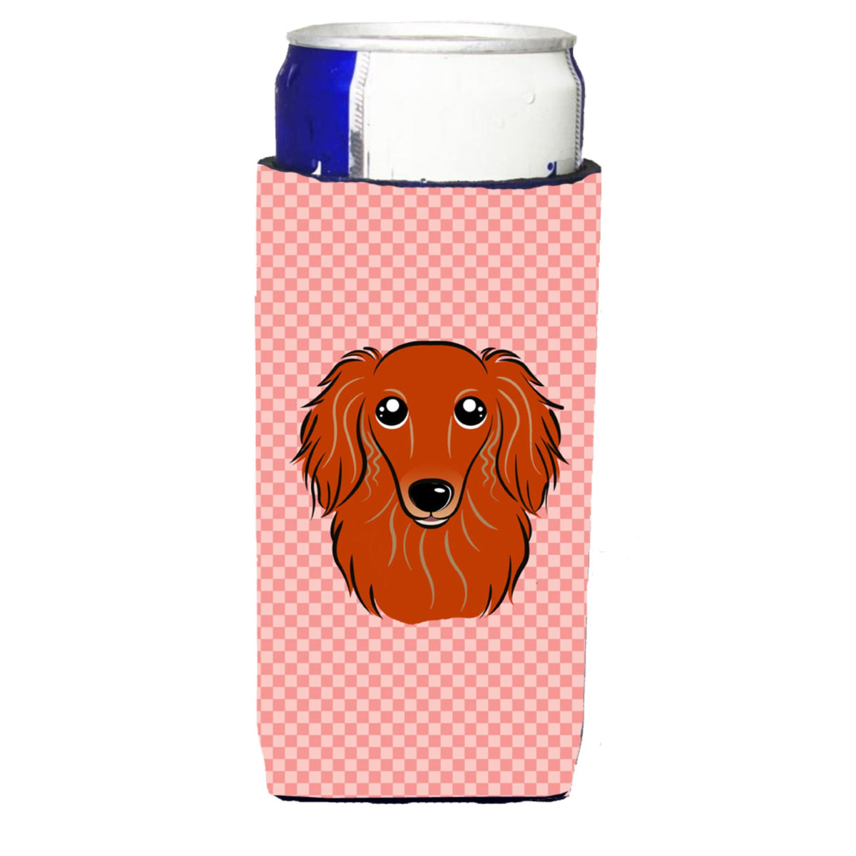 Checkerboard Pink Longhair Red Dachshund Ultra Hugger For Slim Cans