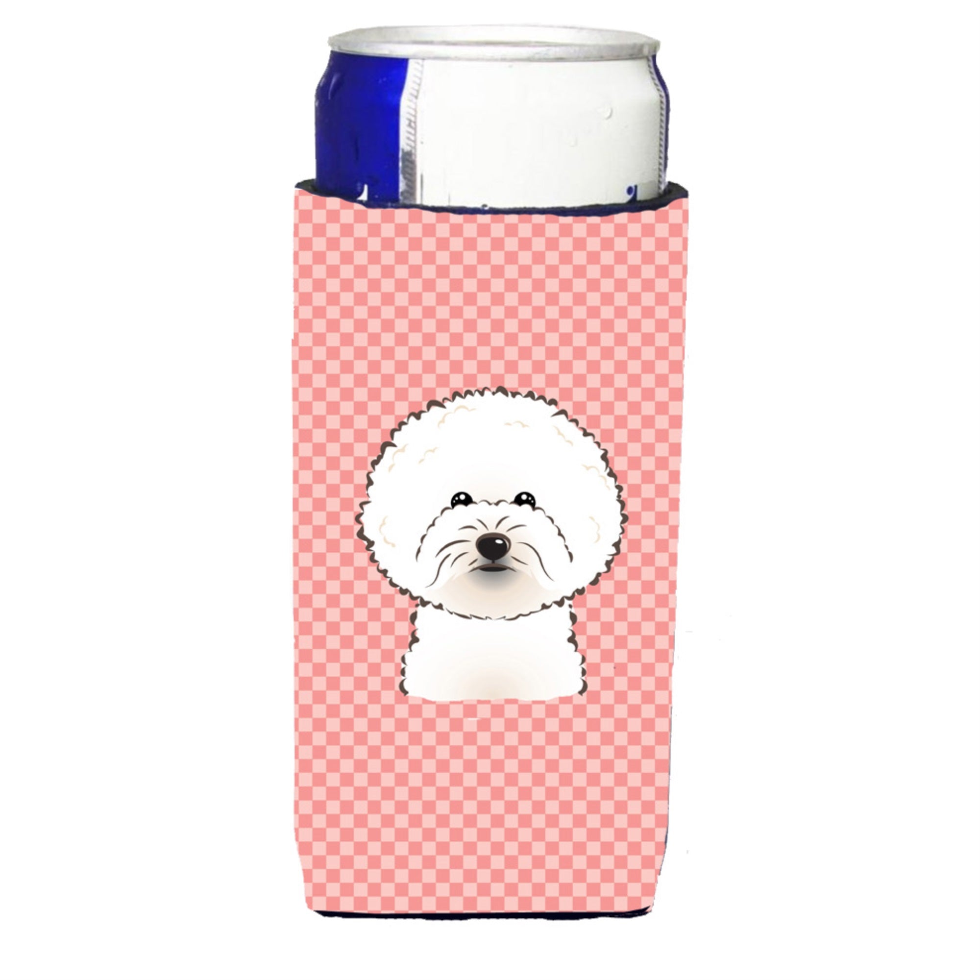 Checkerboard Pink Bichon Frise Ultra Hugger For Slim Cans
