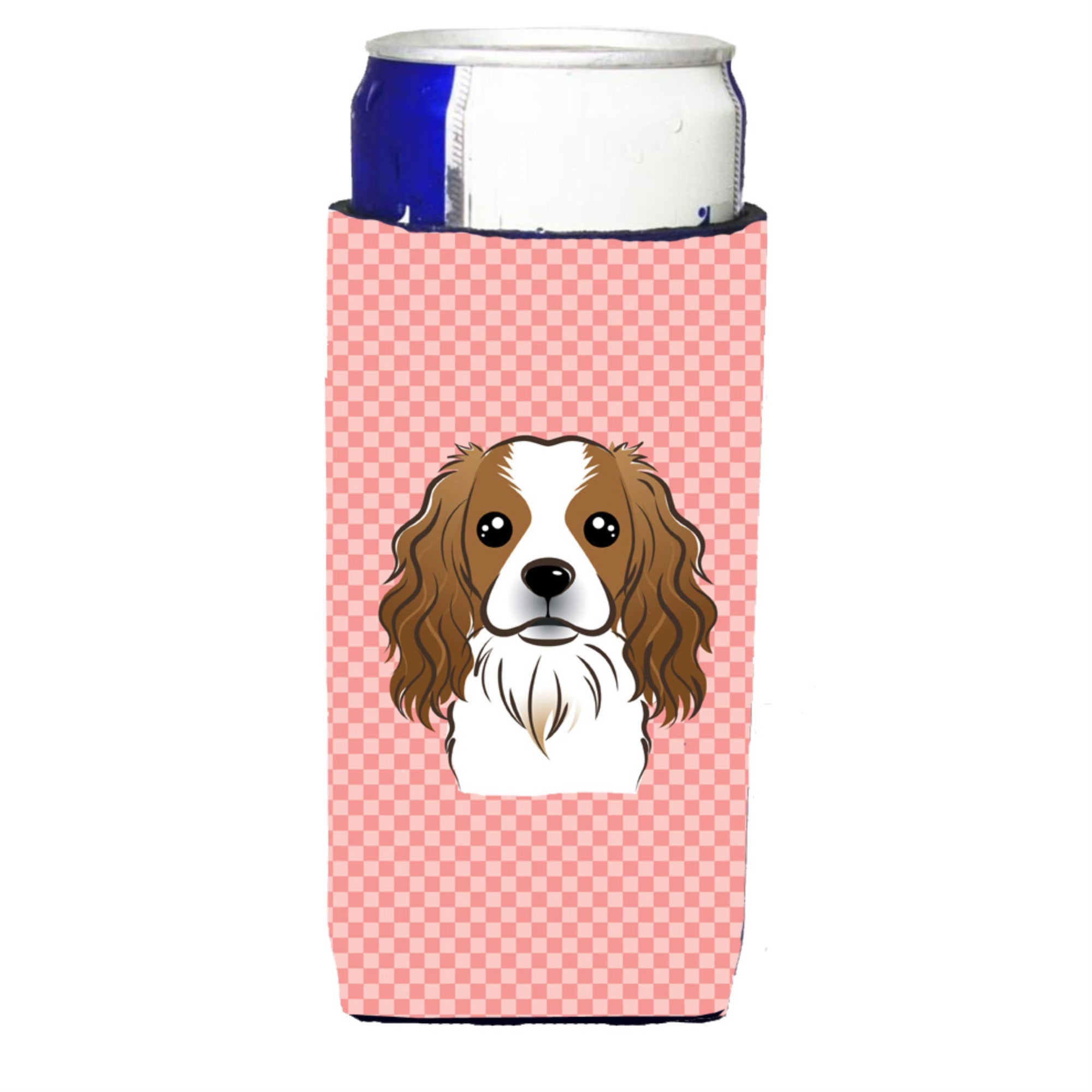 Checkerboard Pink Cavalier Spaniel Ultra Hugger For Slim Cans