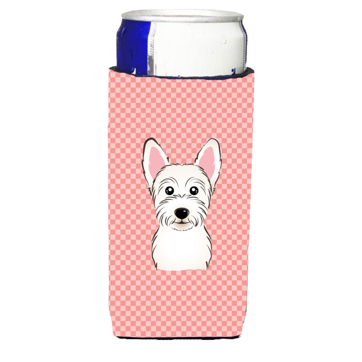 Checkerboard Pink Westie Ultra Hugger For Slim Cans