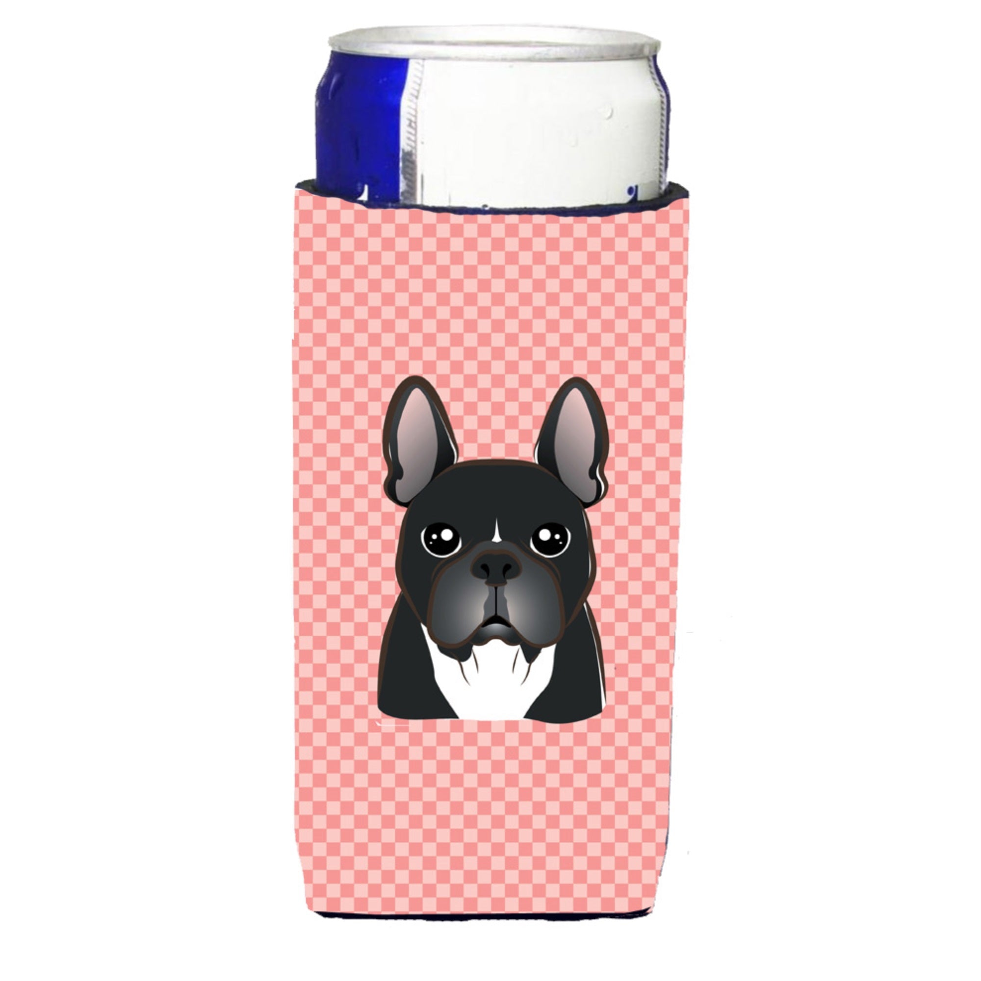 Checkerboard Pink French Bulldog Ultra Hugger For Slim Cans