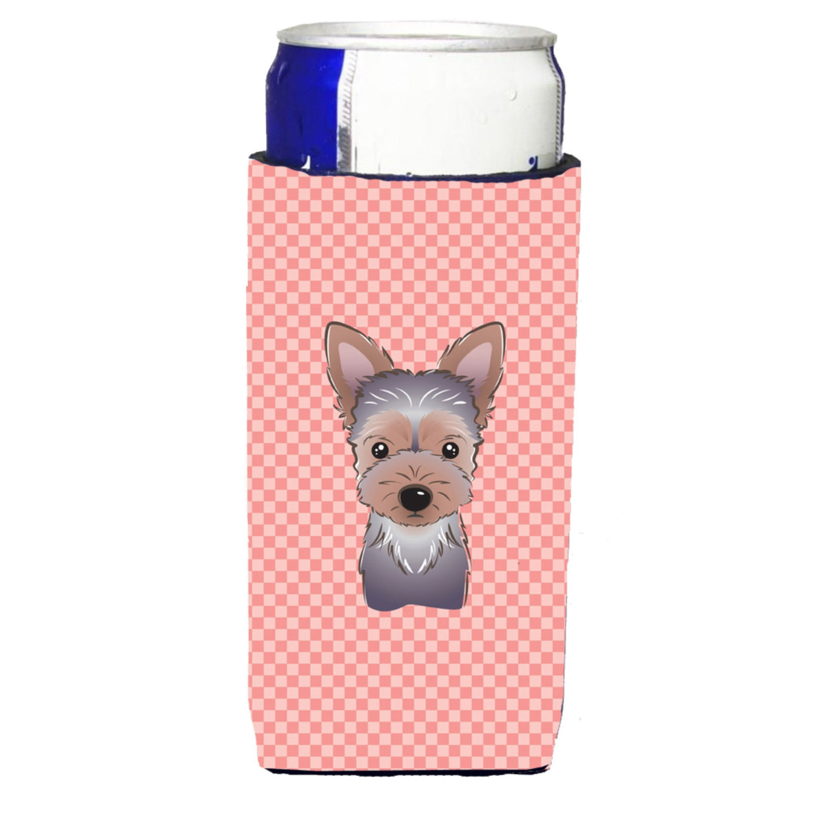 Checkerboard Pink Yorkie Puppy Ultra Hugger For Slim Cans