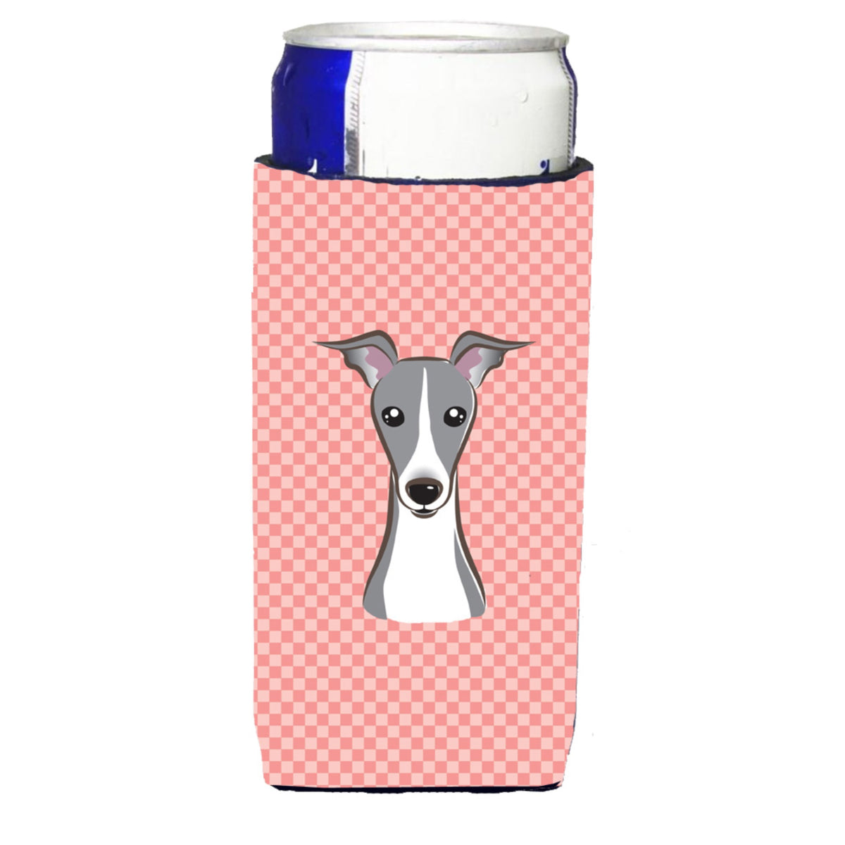 Checkerboard Pink Italian Greyhound Ultra Hugger For Slim Cans
