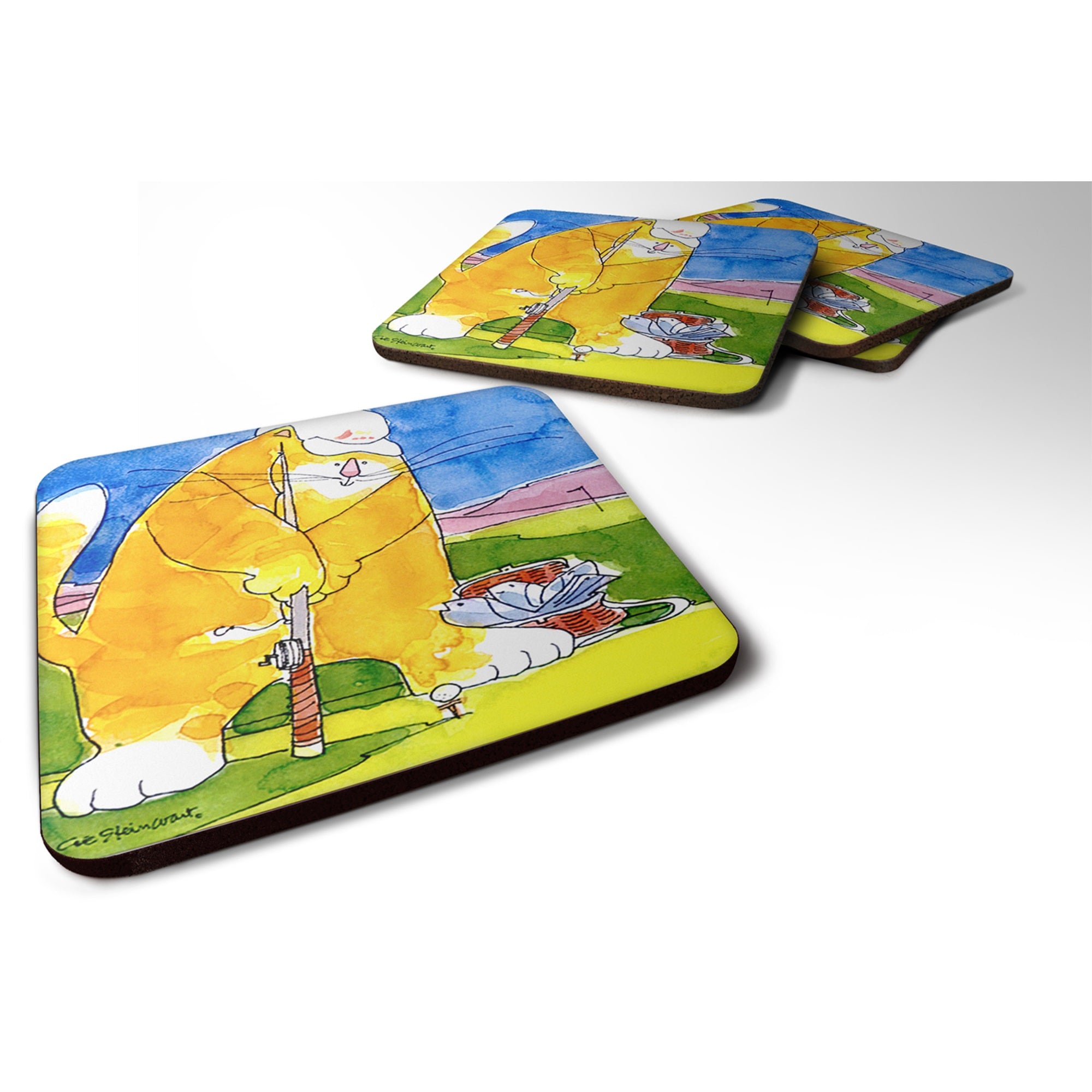 Big Cat Golfing With A Fishing Pole  Foam Coaster Set Of 4