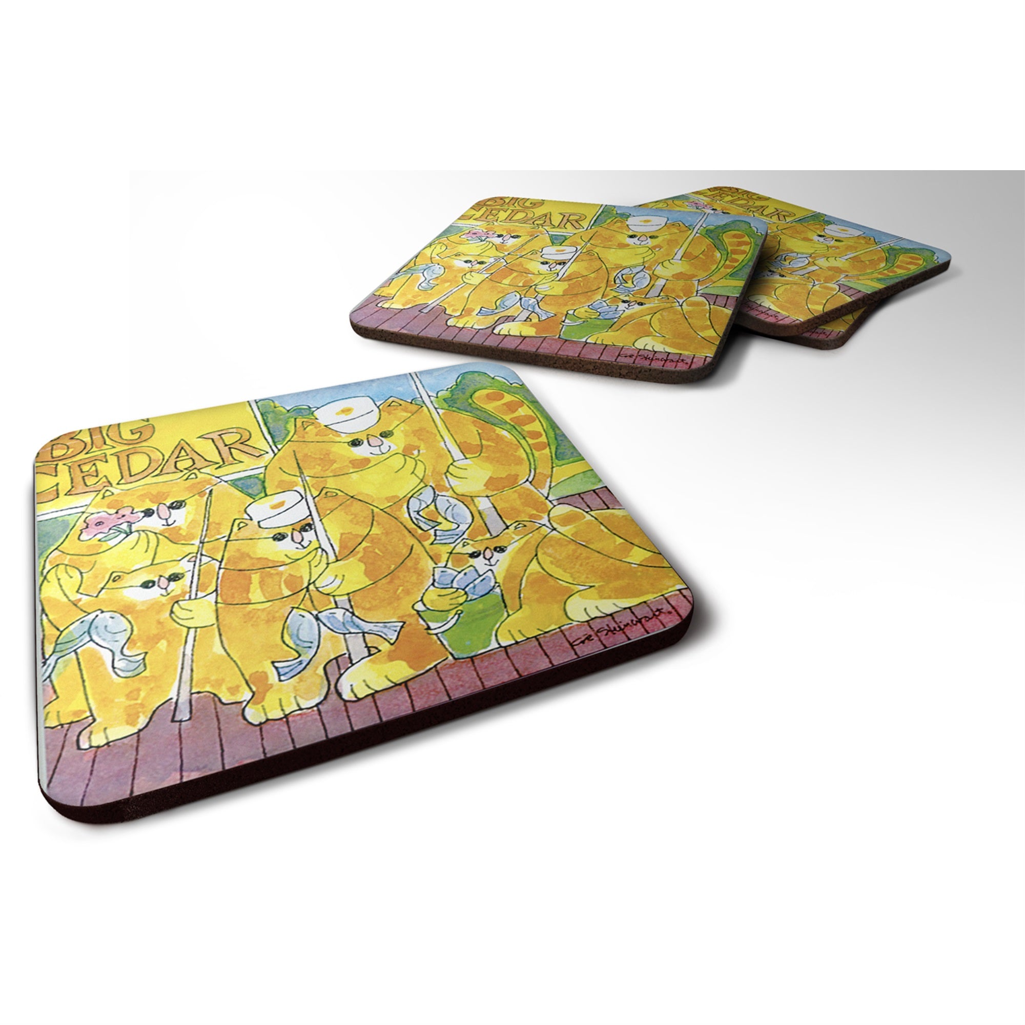 Orange Tabby Fishing Cats Foam Coaster Set Of 4