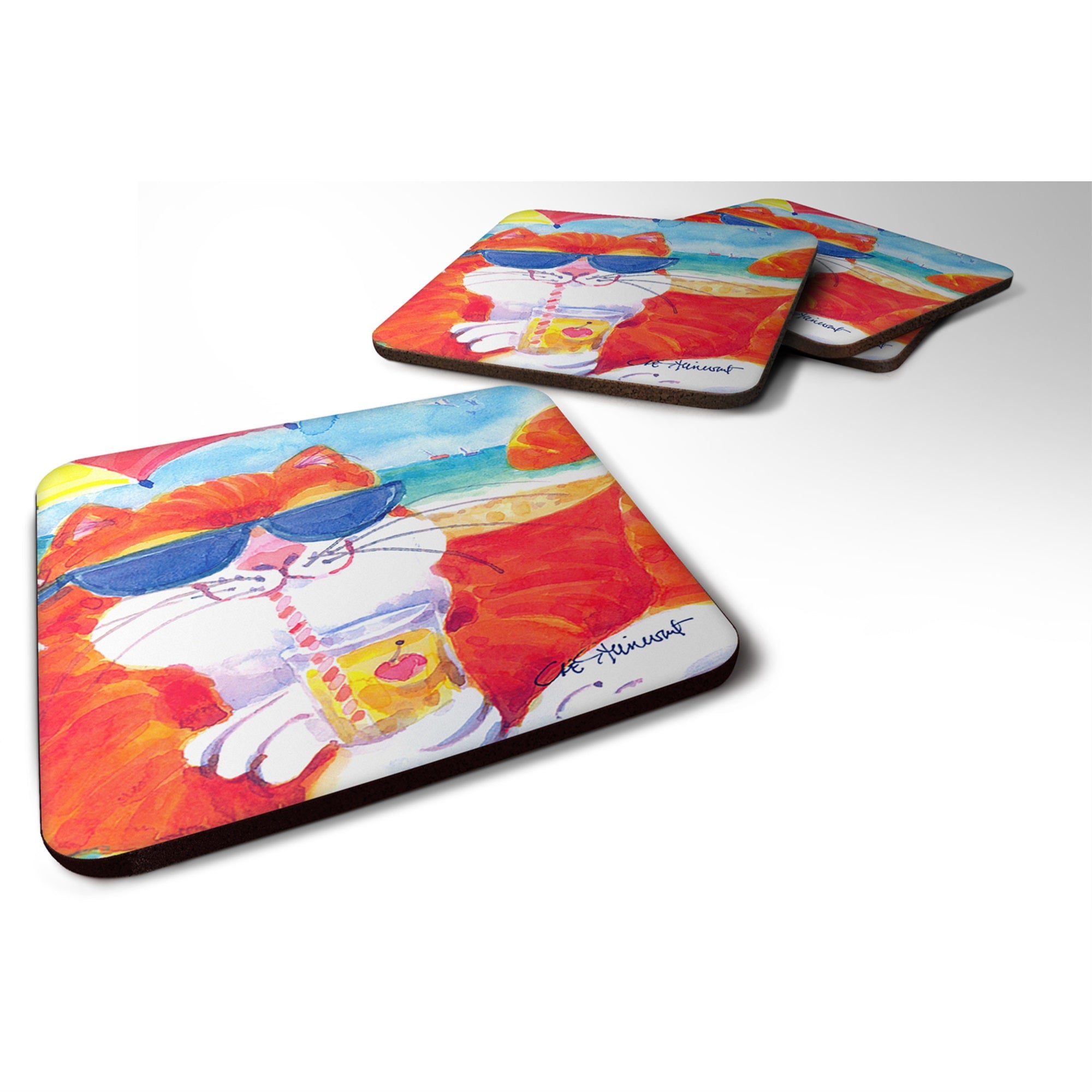 Cool Cat With Sunglasses At The Beach Foam Coaster Set Of 4