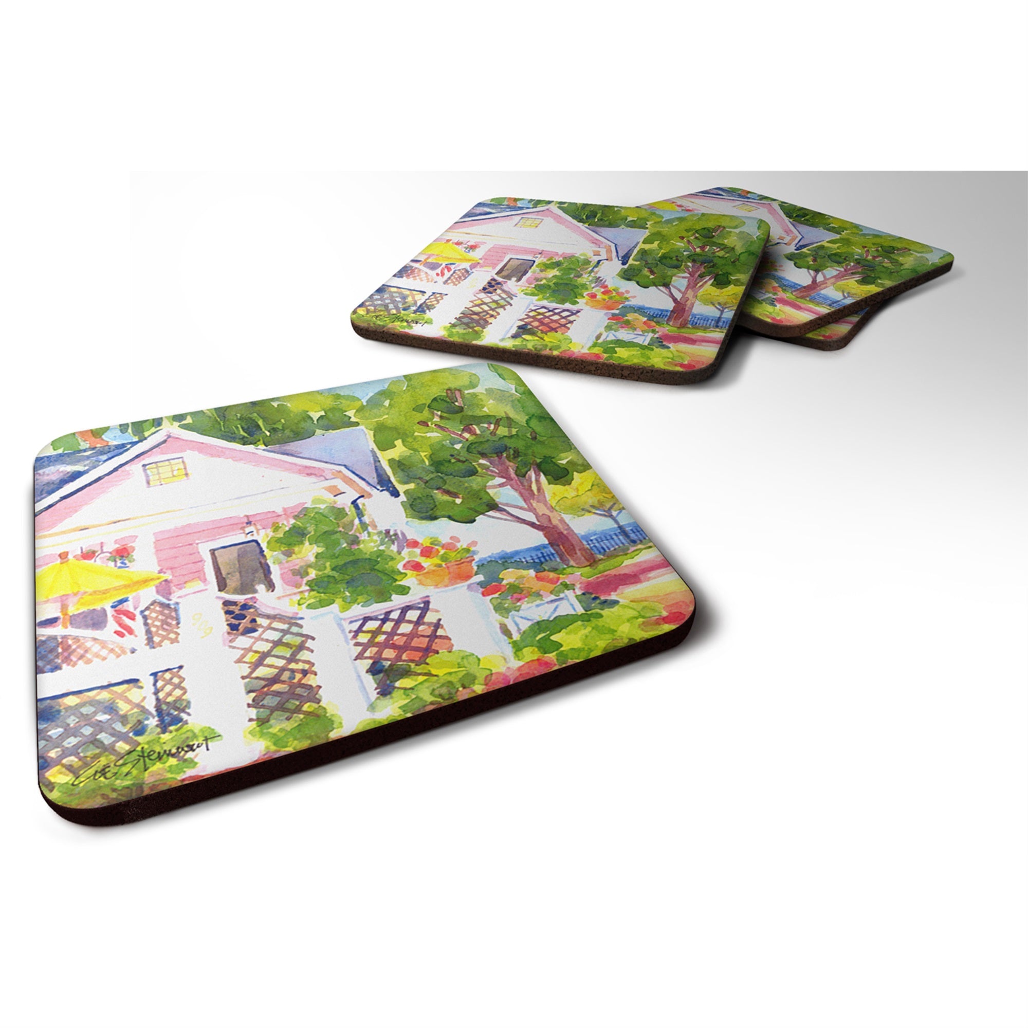 White Cottage At The Beach Foam Coaster Set Of 4