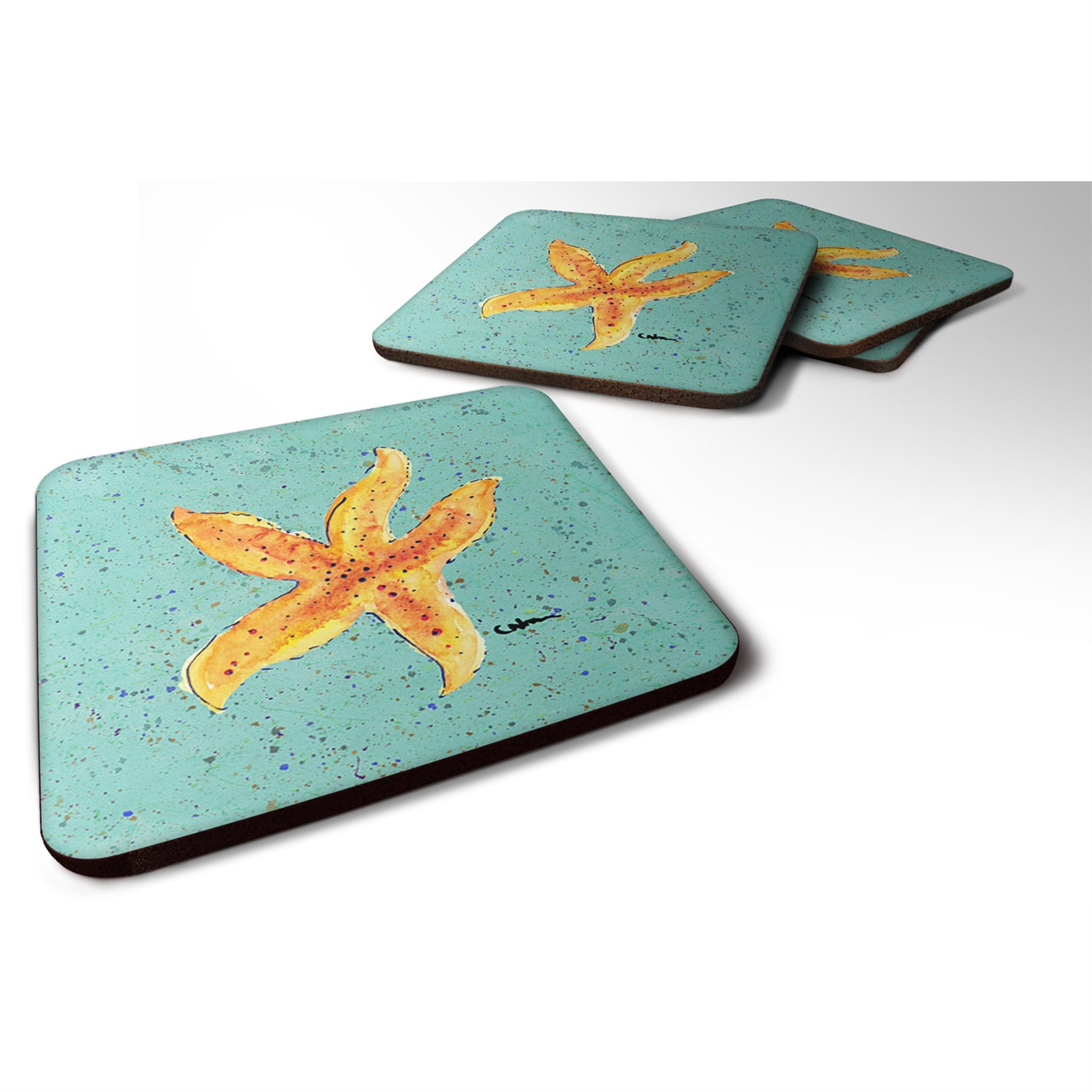 Starfish On Teal Foam Coaster Set Of 4