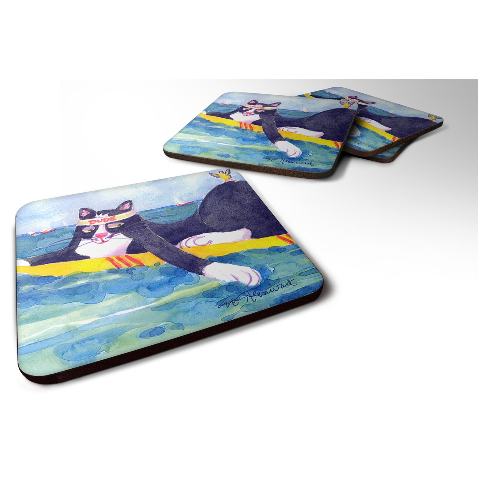 Black And White Cat Surfin Bird Foam Coaster Set Of 4