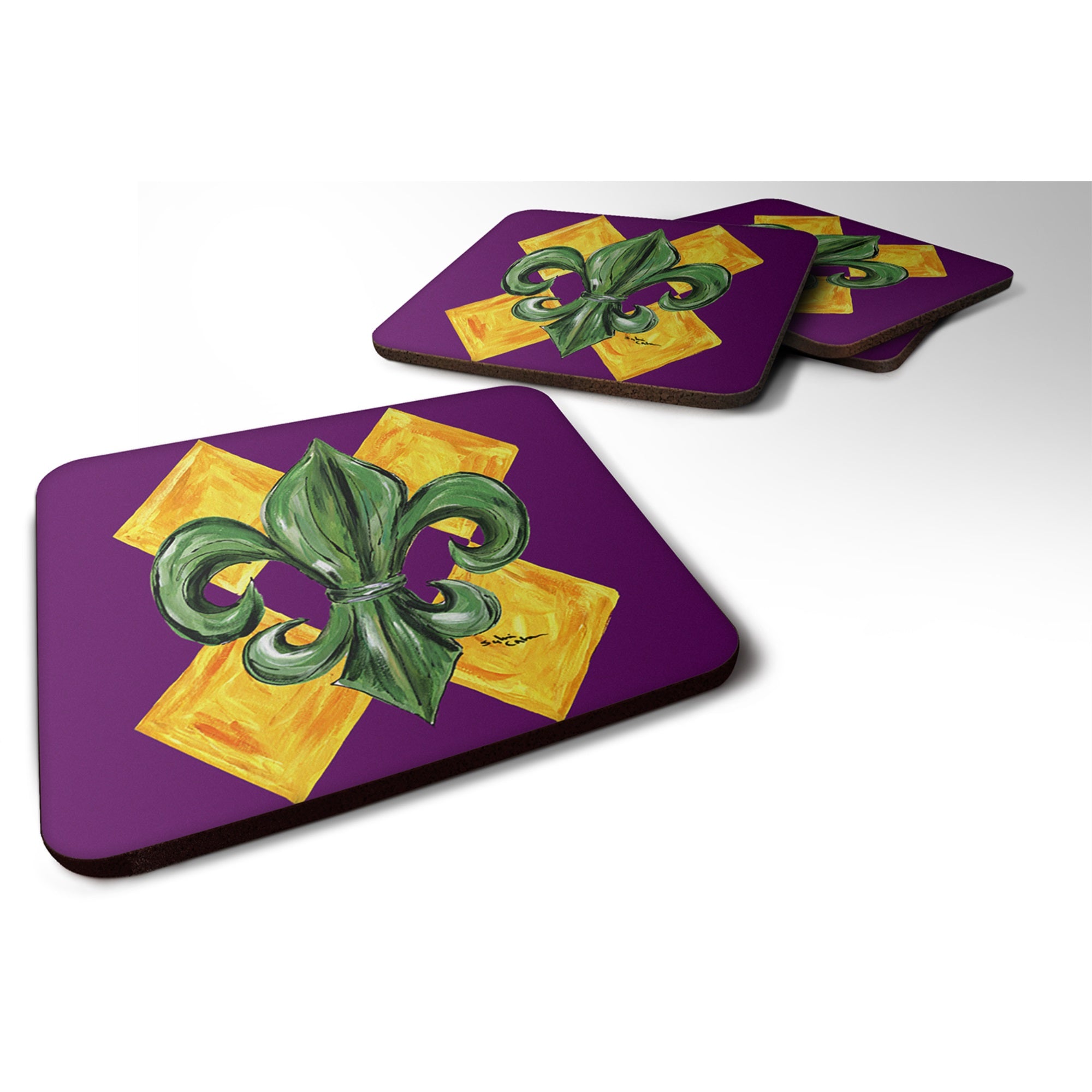 Mardi Gras Fleur De Lis Purple Green And Gold Foam Coaster Set Of 4