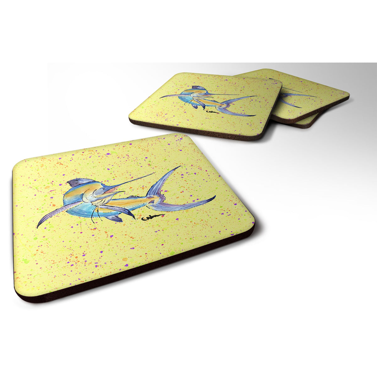 Blue Marlin On Yellow Foam Coaster Set Of 4