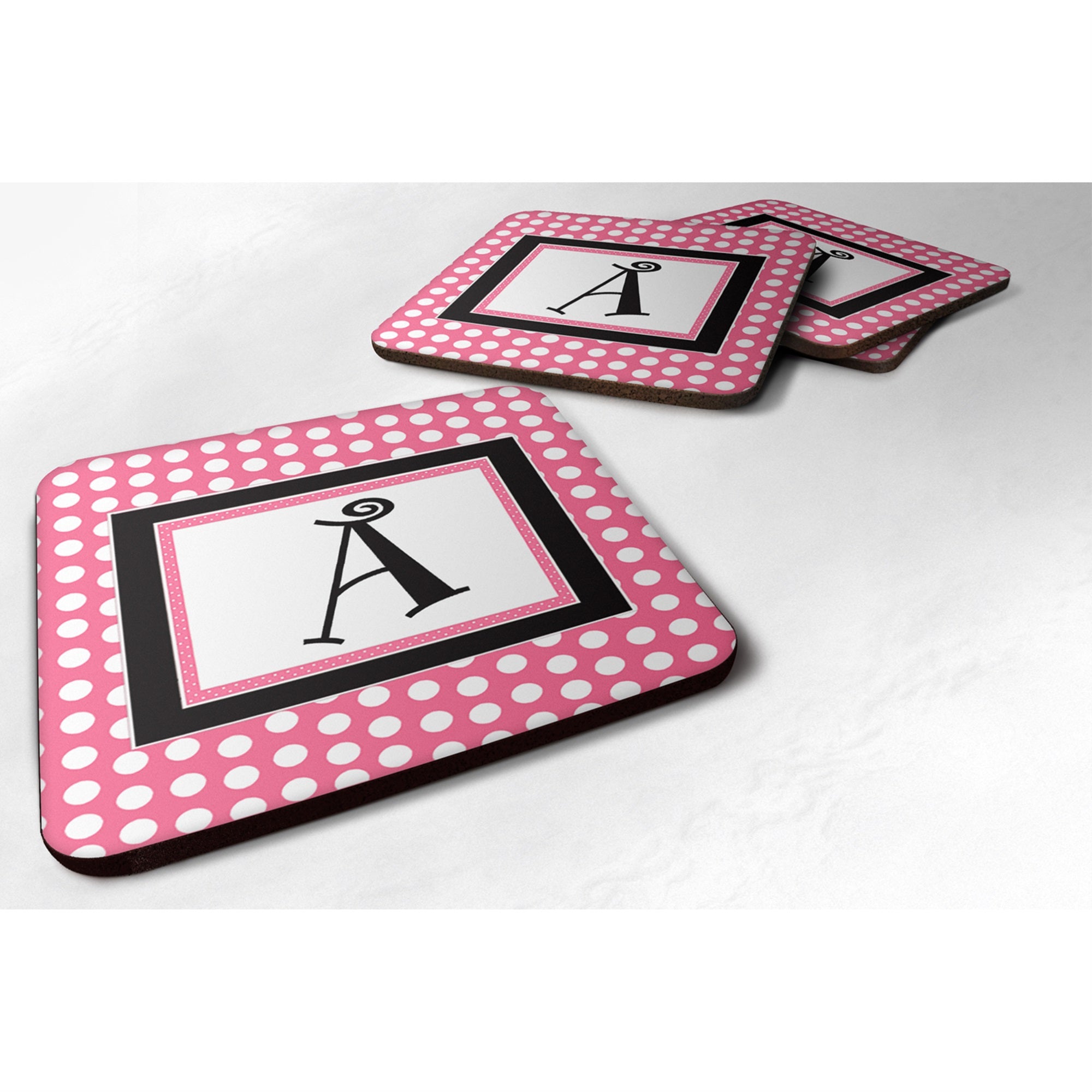 Letter A Monogram - Pink Black Polka Dots Foam Coaster Set Of 4