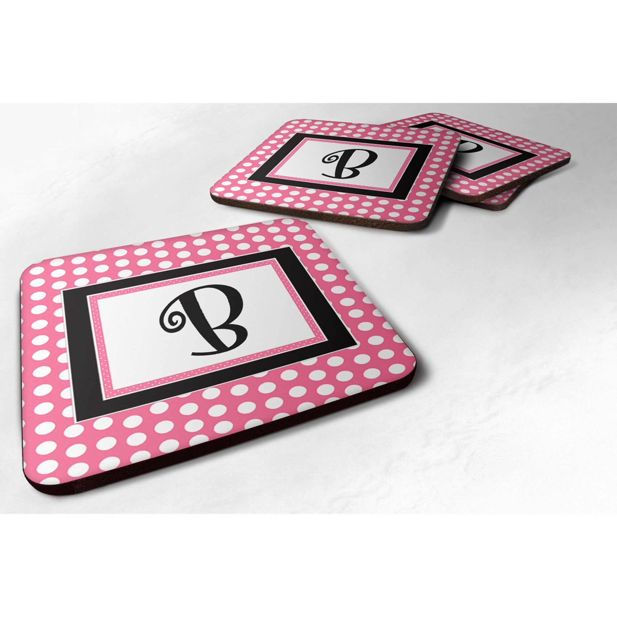 Letter B Monogram - Pink Black Polka Dots Foam Coaster Set Of 4