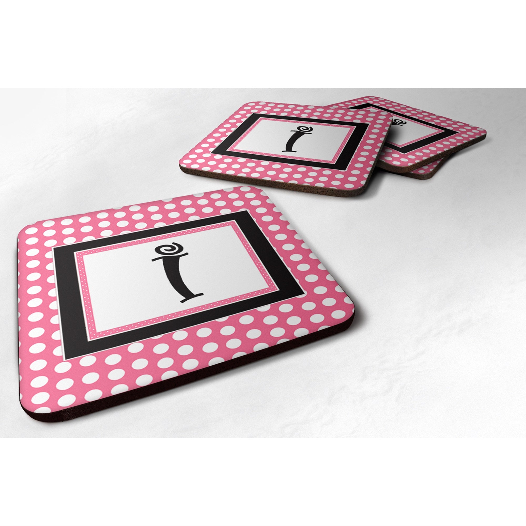 Letter I Monogram - Pink Black Polka Dots Foam Coaster Set Of 4