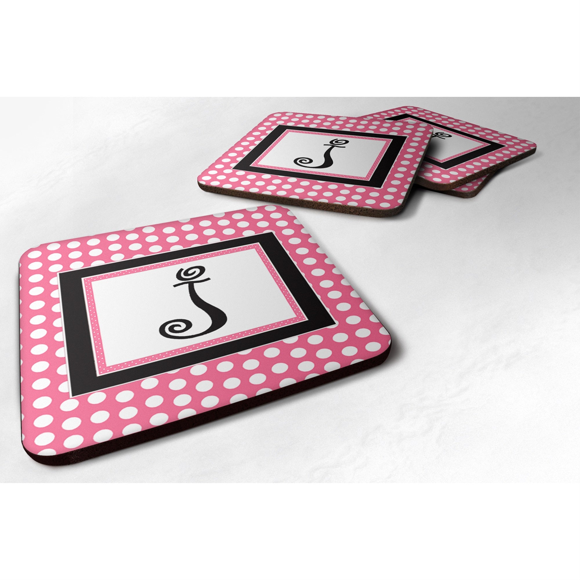 Letter J Monogram - Pink Black Polka Dots Foam Coaster Set Of 4