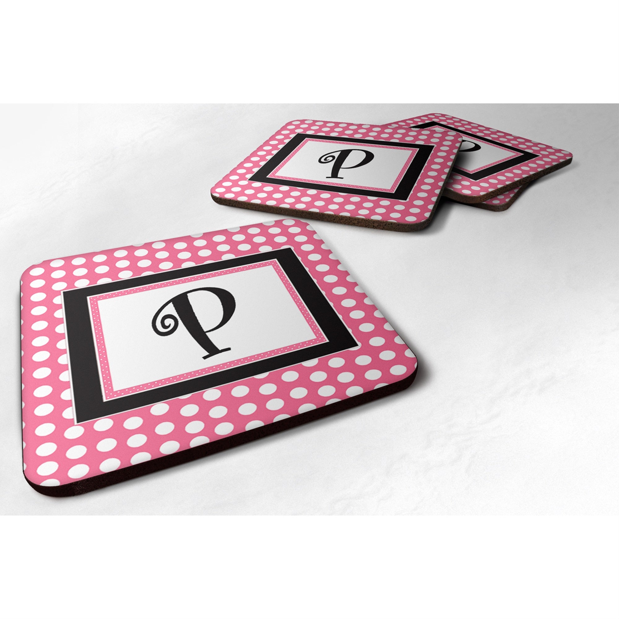 Letter P Monogram - Pink Black Polka Dots Foam Coaster Set Of 4