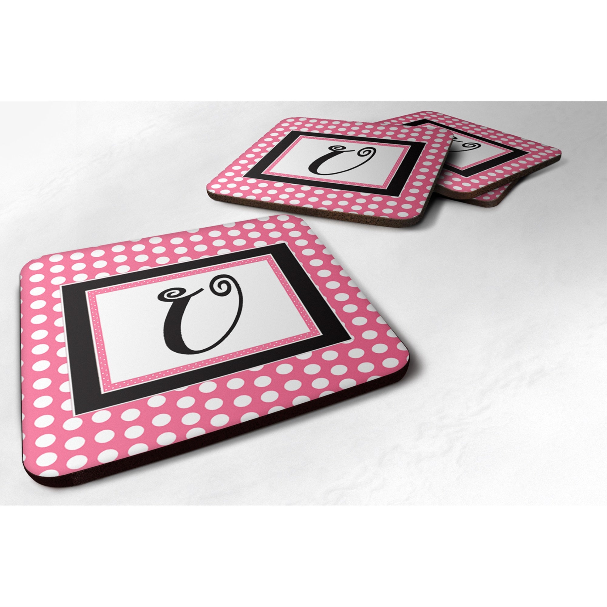 Letter U Monogram - Pink Black Polka Dots Foam Coaster Set Of 4