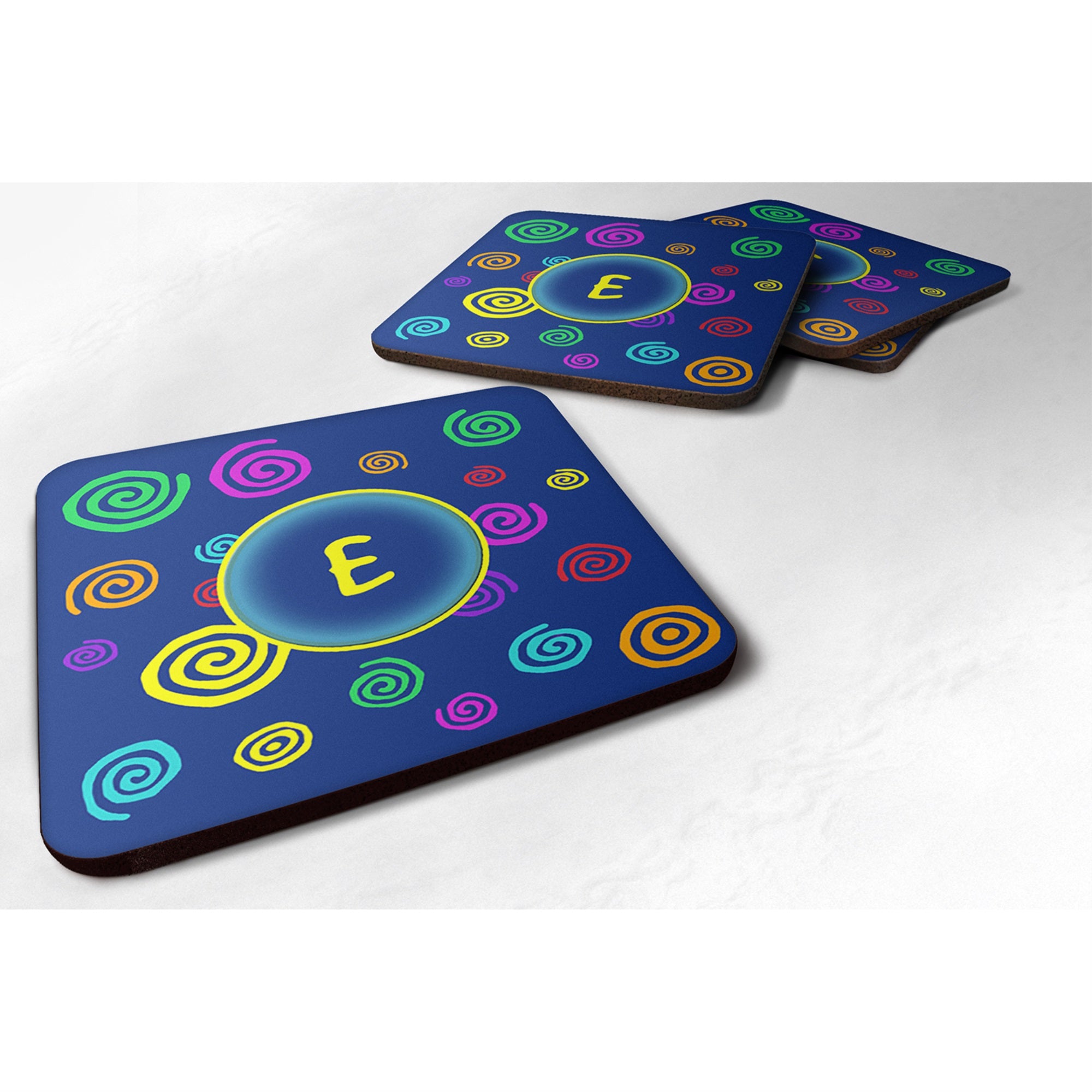 Letter E Initial Monogram - Blue Swirls Foam Coaster Set Of 4
